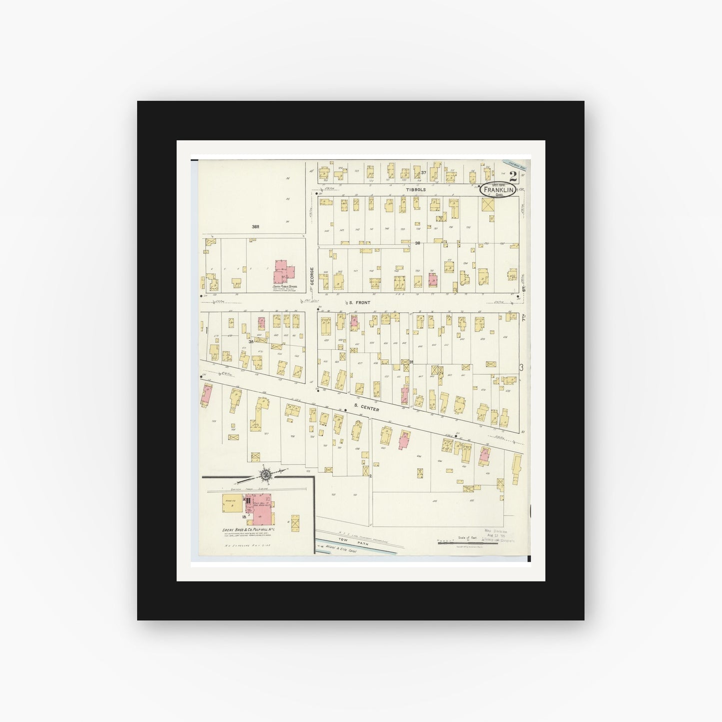 Old map wall art mockup — black gallery frame with white mat — Sanborn Fire Insurance Map from Franklin, Warren County, Ohio (1916), Sheet #0002