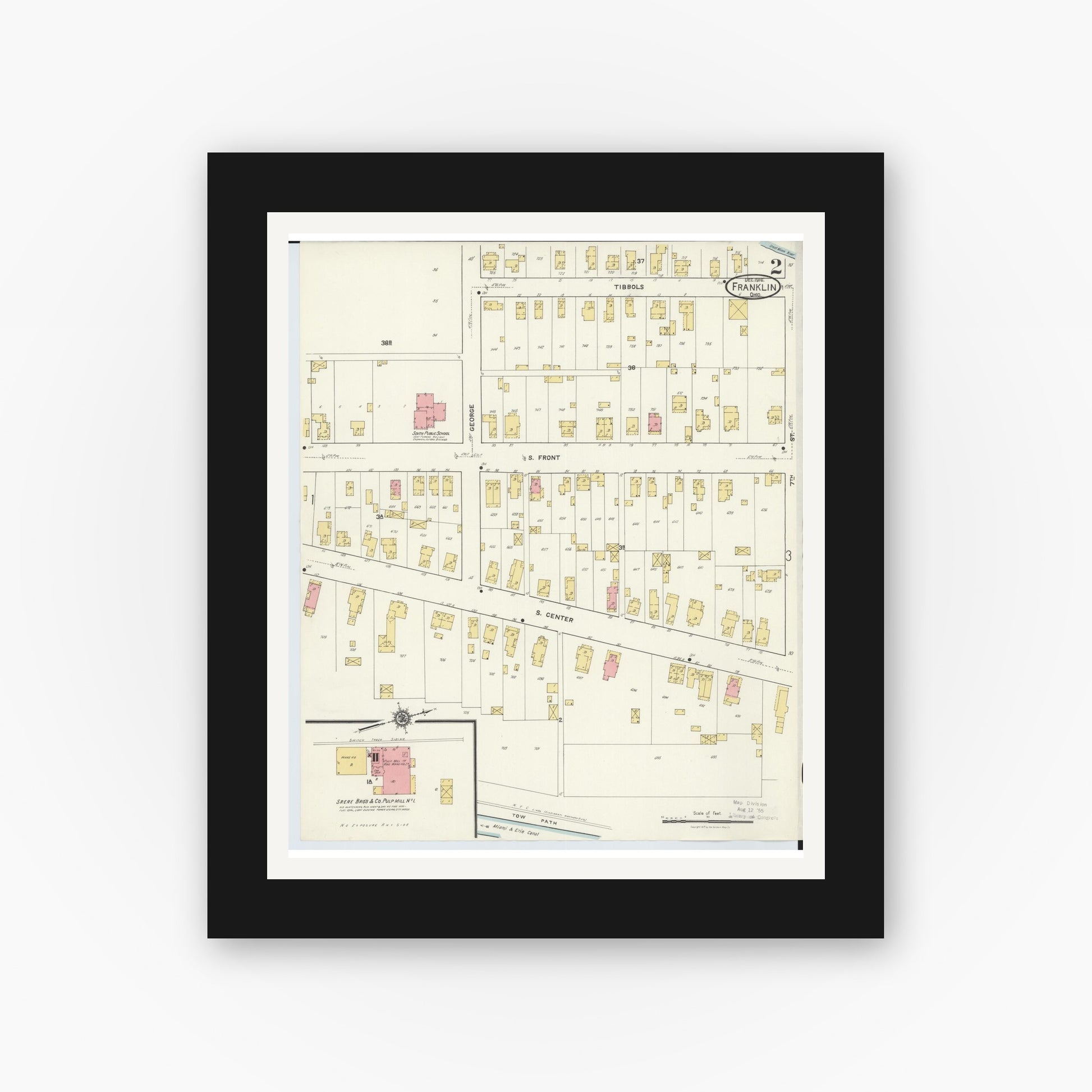 Old map wall art mockup — black gallery frame with white mat — Sanborn Fire Insurance Map from Franklin, Warren County, Ohio (1916), Sheet #0002