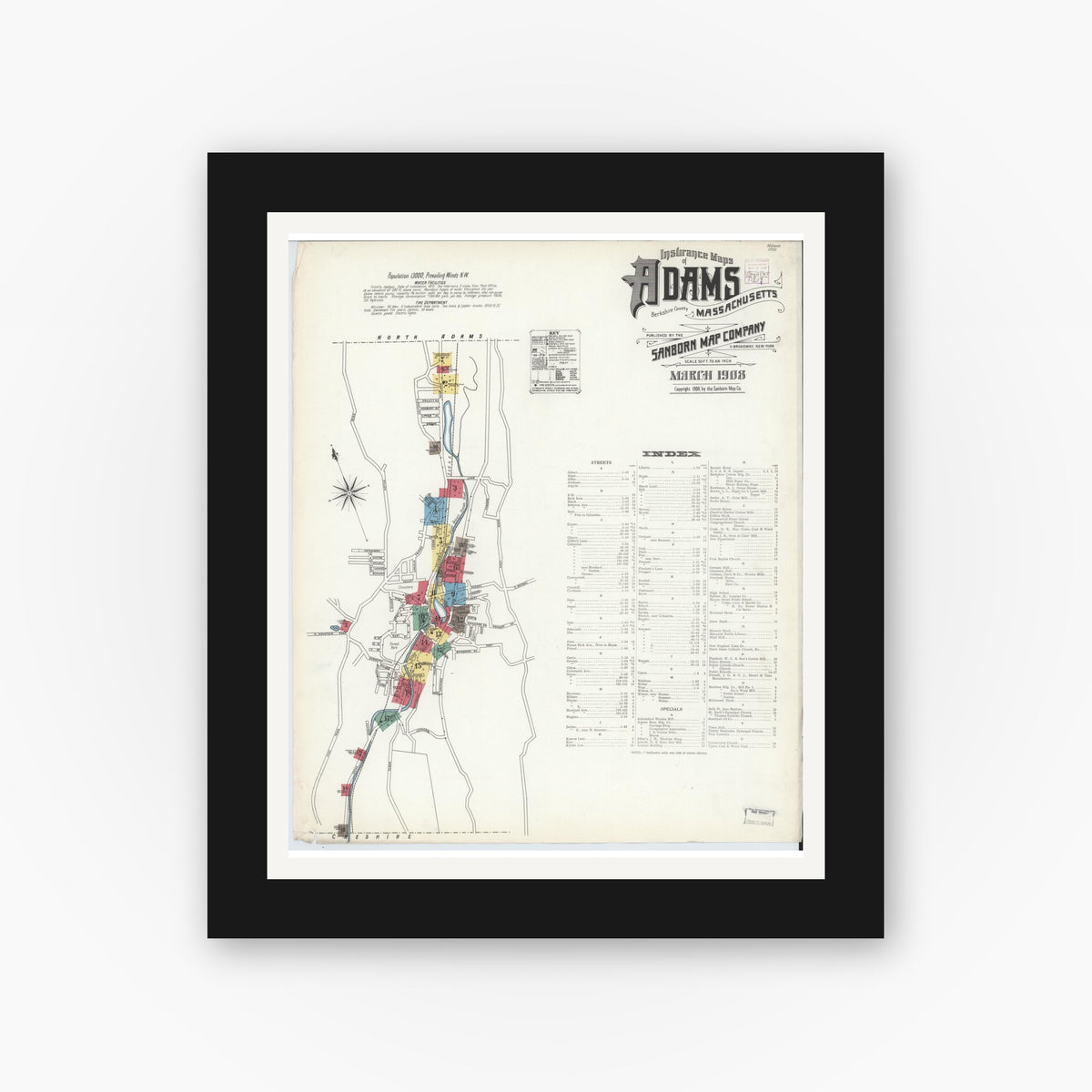 Old map wall art mockup — black gallery frame with white mat — Sanborn Fire Insurance Map from Adams, Berkshire County, Massachusetts (1908), Sheet #0001