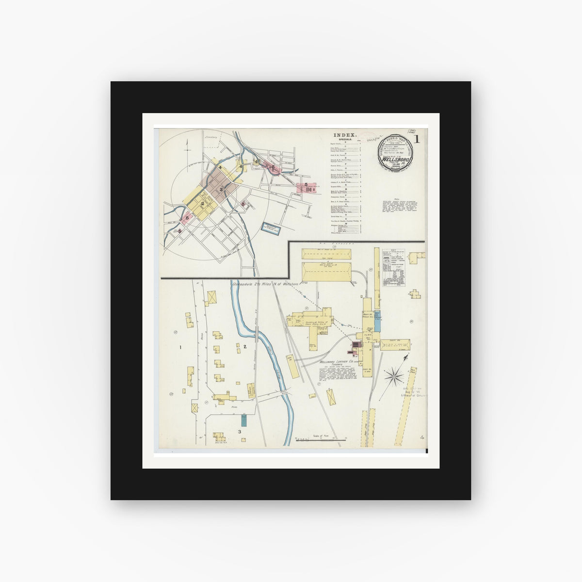 Old map wall art mockup — black gallery frame with white mat — Sanborn Fire Insurance Map from Wellsboro, Tioga County, Pennsylvania (1891), Sheet #0001