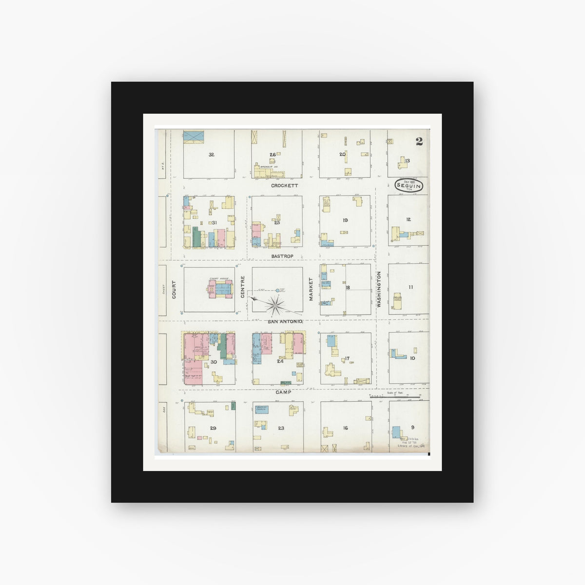 Old map wall art mockup — black gallery frame with white mat — Sanborn Fire Insurance Map from Seguin, Guadalupe County, Texas (1891), Sheet #0002
