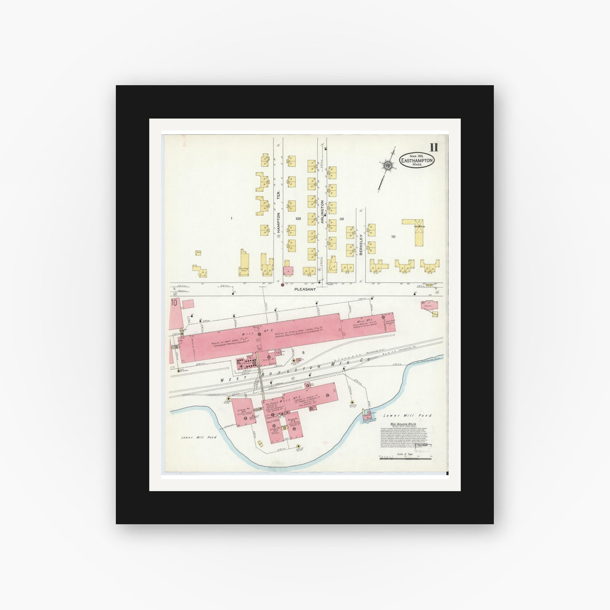 Old map wall art mockup — black gallery frame with white mat — Sanborn Fire Insurance Map from East Hampton, Hampshire County, Massachusetts (1916), Sheet #0011
