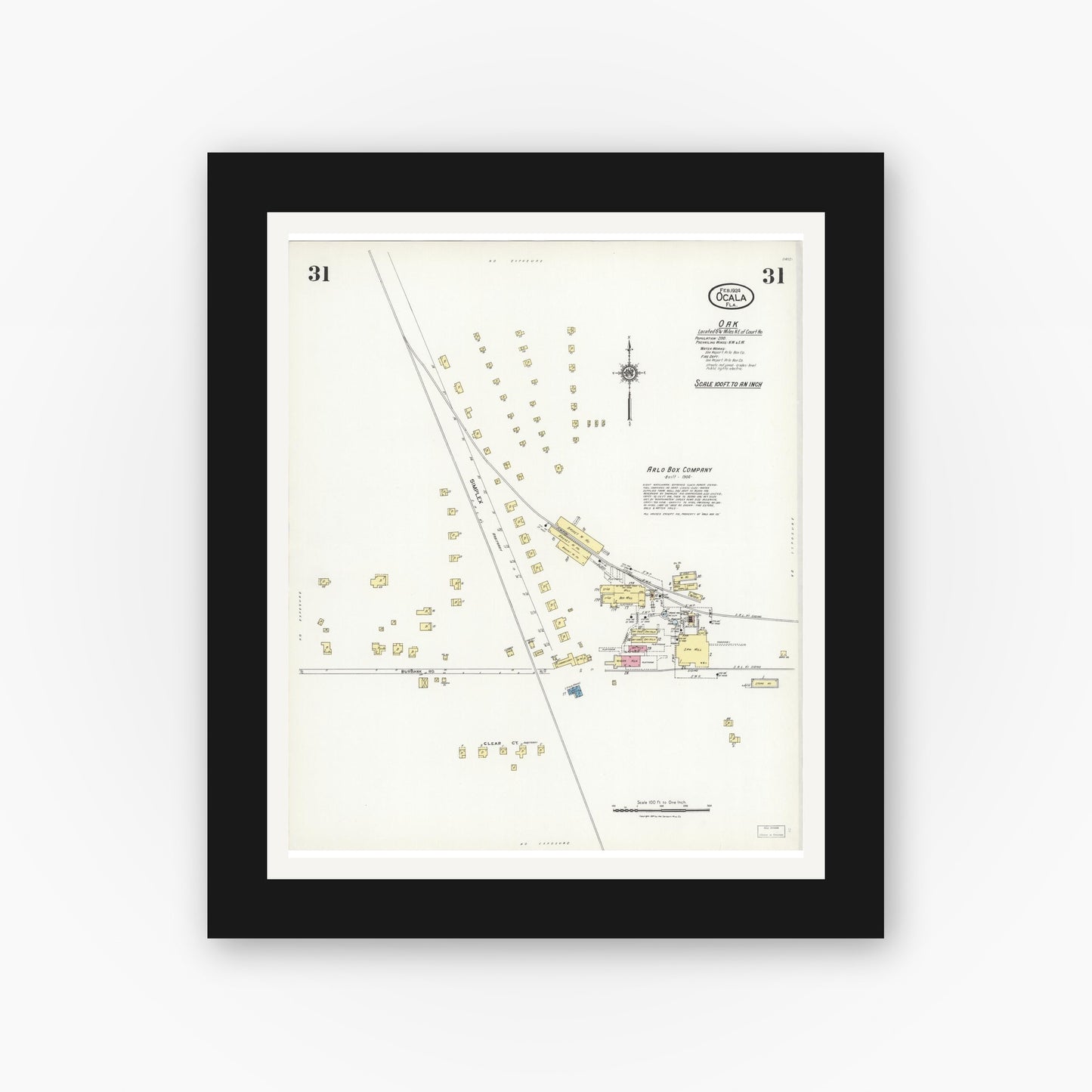 Old map wall art mockup — black gallery frame with white mat — Sanborn Fire Insurance Map from Ocala, Marion County, Florida (1924), Sheet #0031