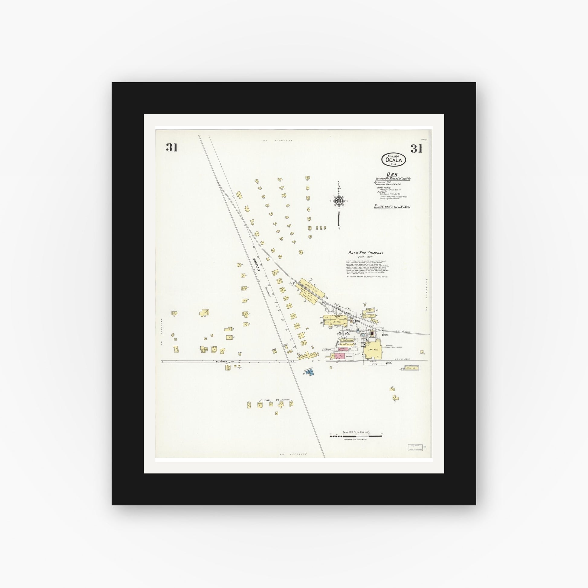 Old map wall art mockup — black gallery frame with white mat — Sanborn Fire Insurance Map from Ocala, Marion County, Florida (1924), Sheet #0031