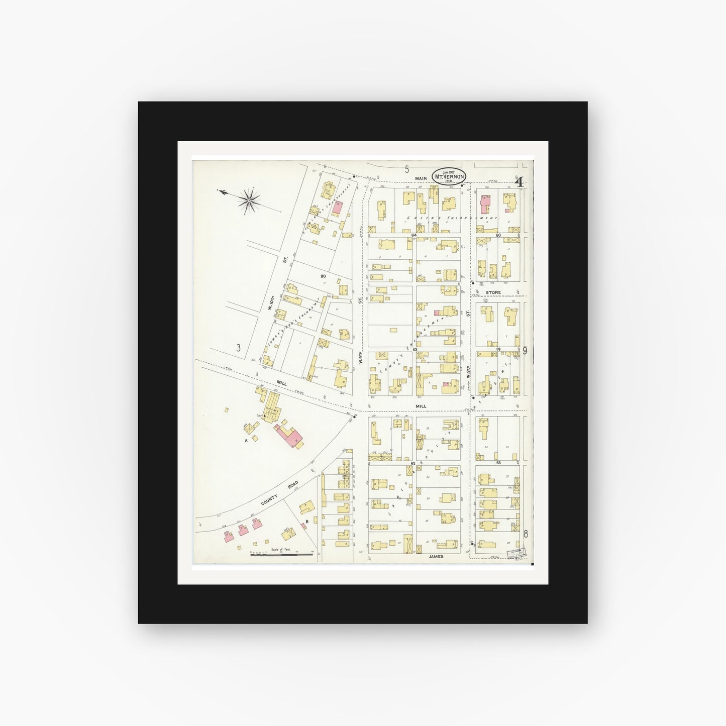 Old map wall art mockup — black gallery frame with white mat — Sanborn Fire Insurance Map from Mount Vernon, Posey County, Indiana (1907), Sheet #0004