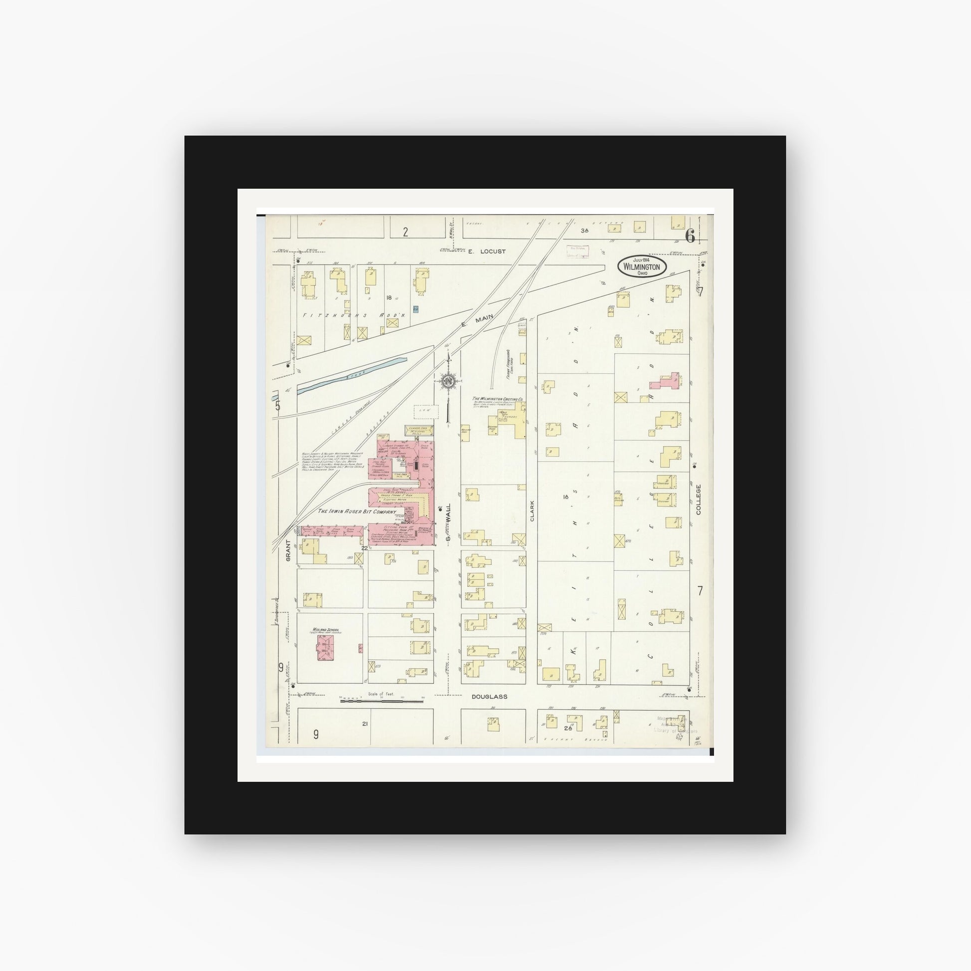 Old map wall art mockup — black gallery frame with white mat — Sanborn Fire Insurance Map from Wilmington, Clinton County, Ohio (1914), Sheet #0006