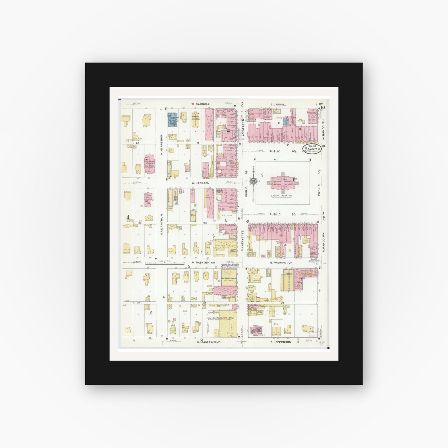 Old map wall art mockup — black gallery frame with white mat — Sanborn Fire Insurance Map from Macomb, Mcdonough County, Illinois (1910), Sheet #0005