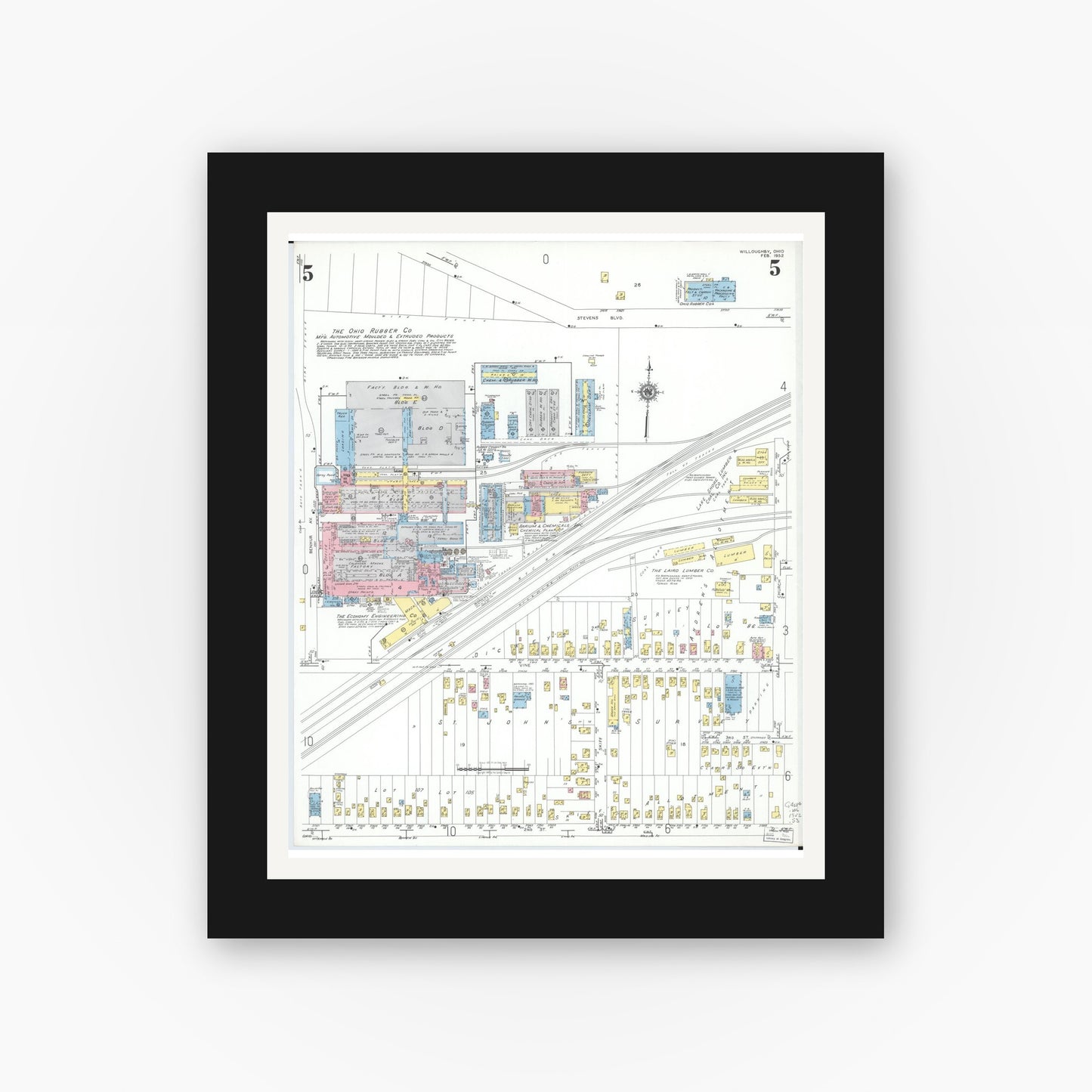 Old map wall art mockup — black gallery frame with white mat — Sanborn Fire Insurance Map from Willoughby, Lake County, Ohio (1952), Sheet #0005