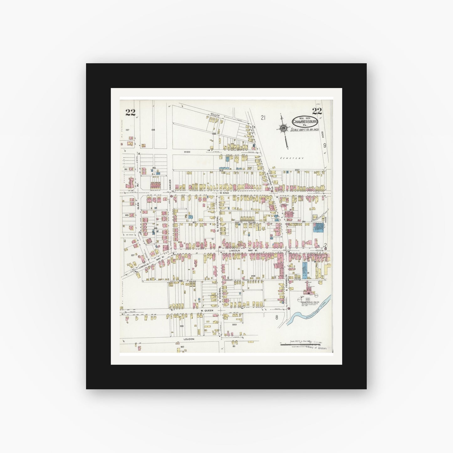 Old map wall art mockup — black gallery frame with white mat — Sanborn Fire Insurance Map from Chambersburg, Franklin County, Pennsylvania (1924), Sheet #0022