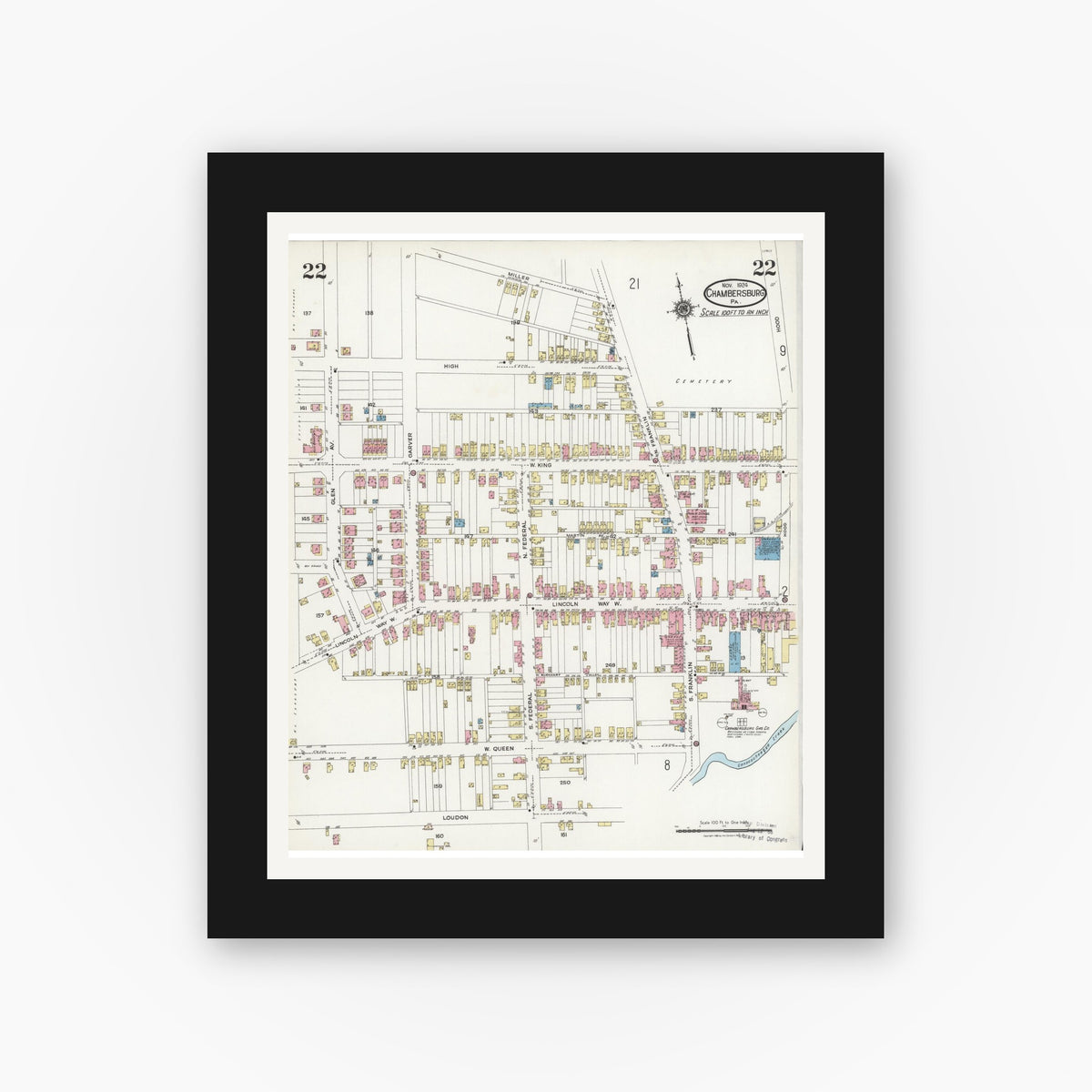 Old map wall art mockup — black gallery frame with white mat — Sanborn Fire Insurance Map from Chambersburg, Franklin County, Pennsylvania (1924), Sheet #0022
