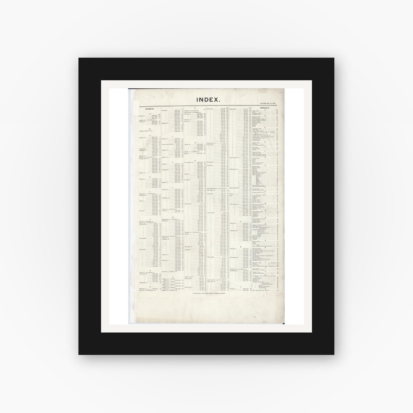 Old map wall art mockup — black gallery frame with white mat — Sanborn Fire Insurance Map from Chicago, Cook County, Illinois (1895), Sheet #0001