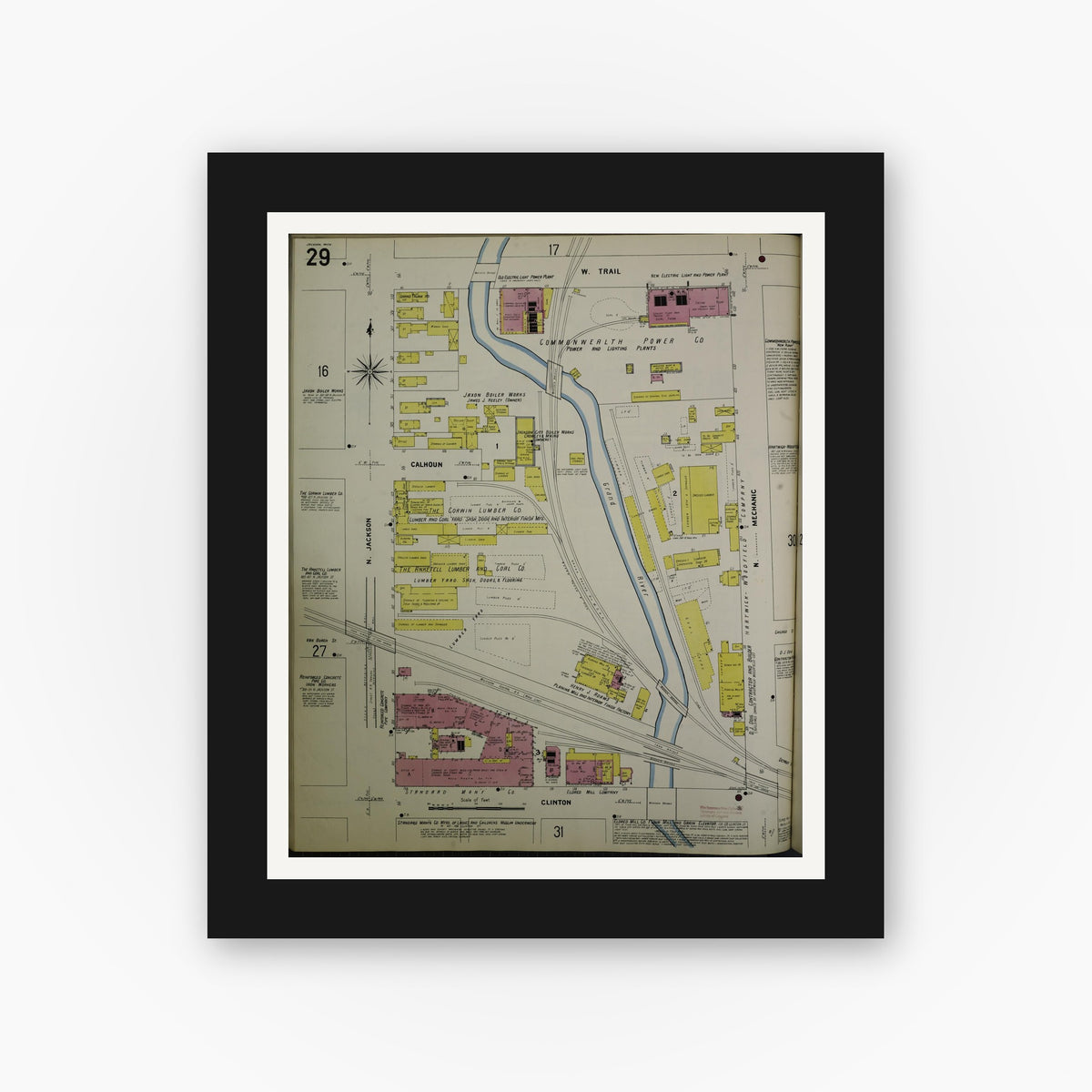 Old map wall art mockup — black gallery frame with white mat — Sanborn Fire Insurance Map from Jackson, Jackson County, Michigan (1907), Sheet #0029