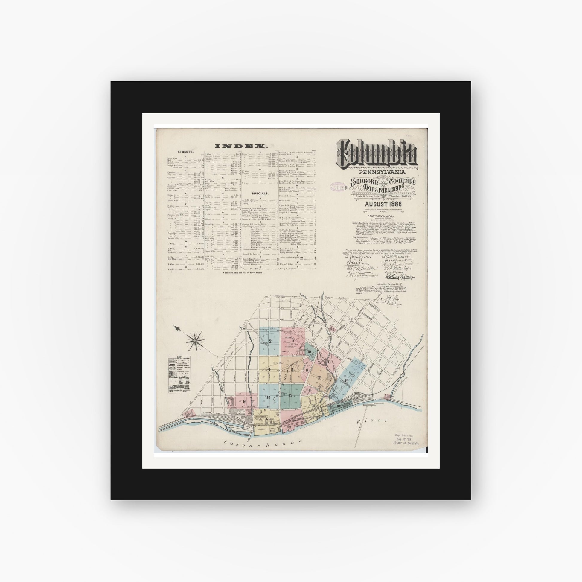 Old map wall art mockup — black gallery frame with white mat — Sanborn Fire Insurance Map from Columbia, Lancaster County, Pennsylvania (1886) - Complete Map Set
