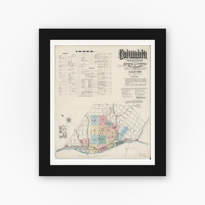 Old map wall art mockup — black gallery frame with white mat — Sanborn Fire Insurance Map from Columbia, Lancaster County, Pennsylvania (1886) - Complete Map Set