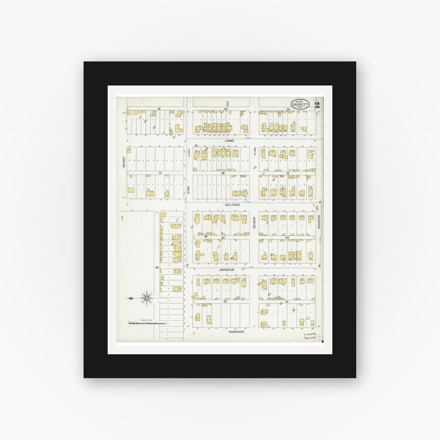Old map wall art mockup — black gallery frame with white mat — Sanborn Fire Insurance Map from Garrett, De Kalb County, Indiana (1901), Sheet #0002