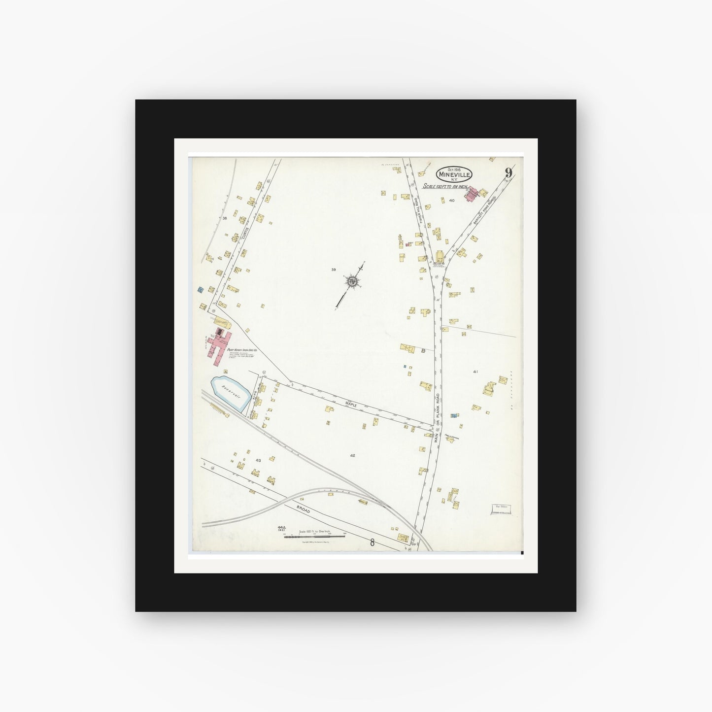 Old map wall art mockup — black gallery frame with white mat — Sanborn Fire Insurance Map from Mineville, Essex County, New York (1916), Sheet #0009