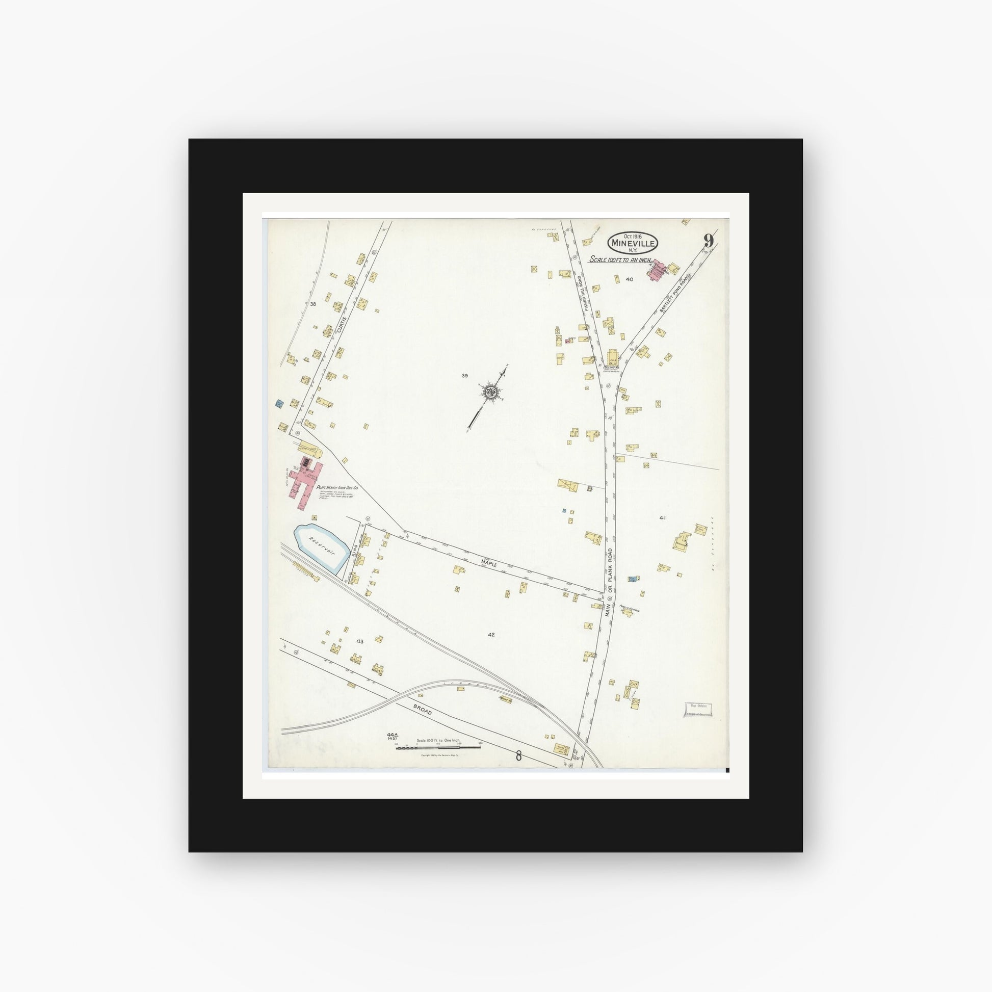 Old map wall art mockup — black gallery frame with white mat — Sanborn Fire Insurance Map from Mineville, Essex County, New York (1916), Sheet #0009