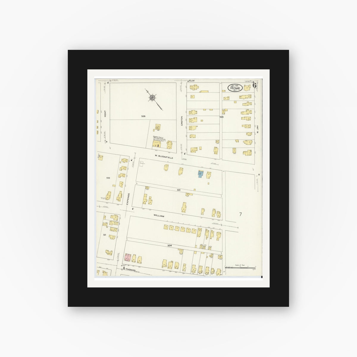 Old map wall art mockup — black gallery frame with white mat — Sanborn Fire Insurance Map from Rome, Oneida County, New York (1909), Sheet #0006