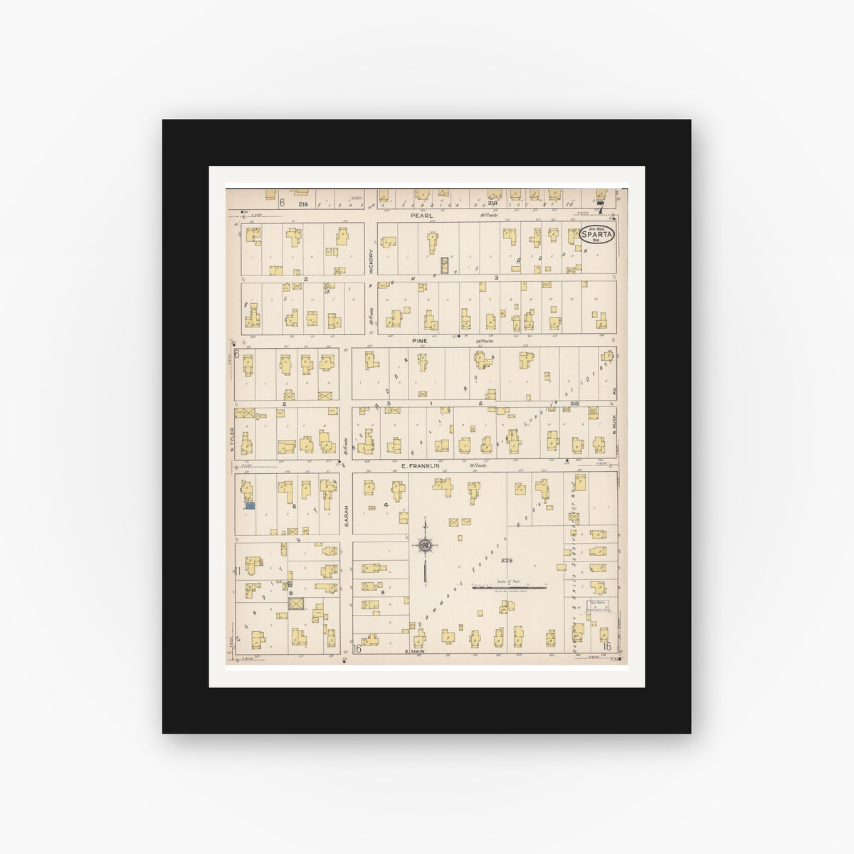 Old map wall art mockup — black gallery frame with white mat — Sanborn Fire Insurance Map from Sparta, Monroe County, Wisconsin (1922), Sheet #0007