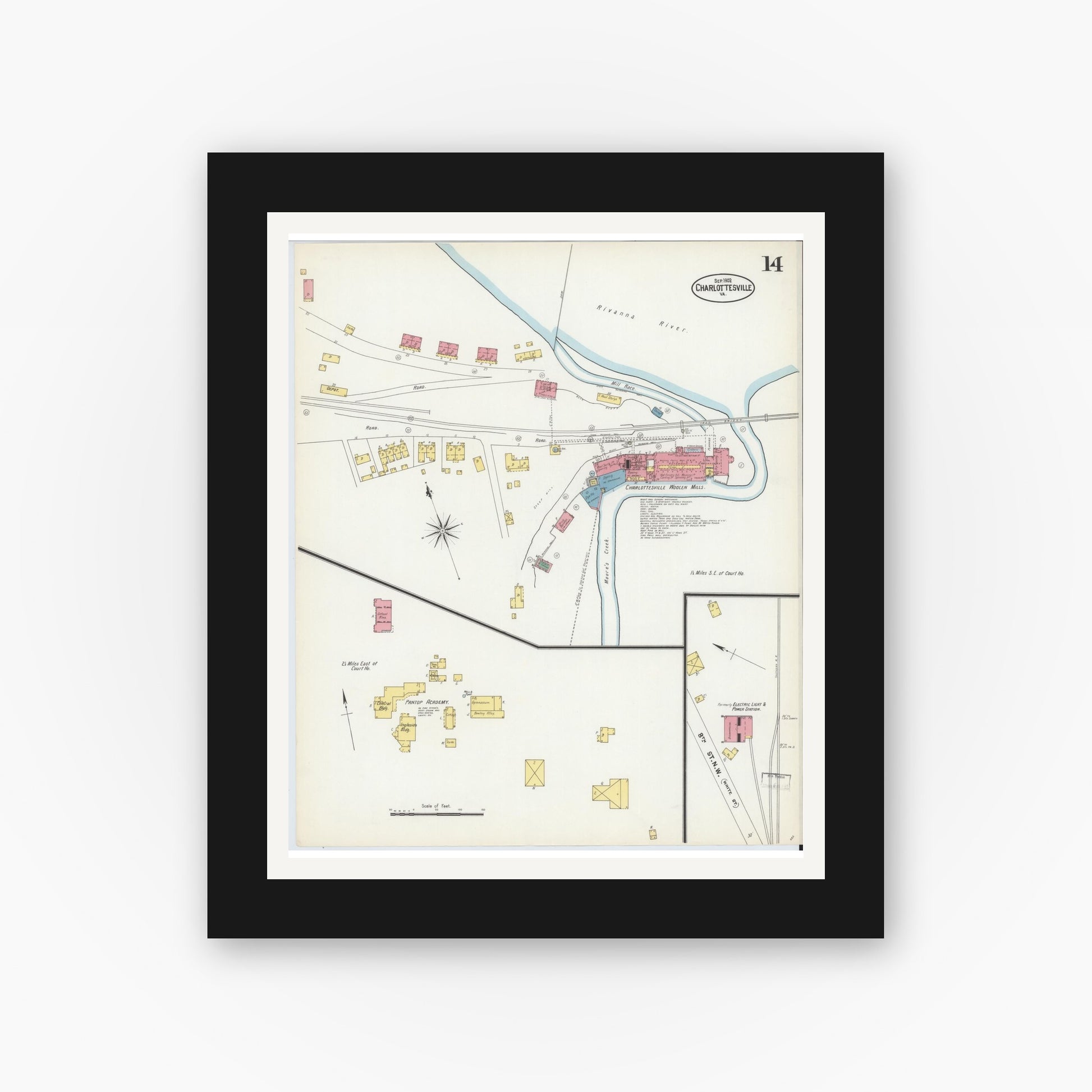 Old map wall art mockup — black gallery frame with white mat — Sanborn Fire Insurance Map from Charlottesville, Independent Cities, Virginia (1902), Sheet #0014