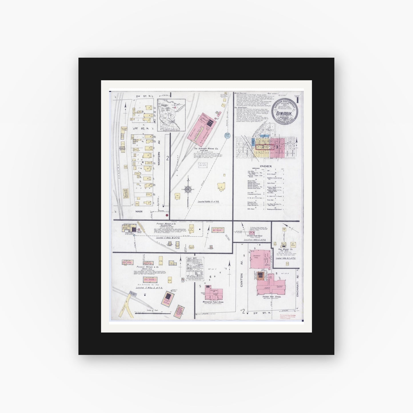 Old map wall art mockup — black gallery frame with white mat — Sanborn Fire Insurance Map from Biwabik, Saint Louis County, Minnesota (1921) - Complete Map Set
