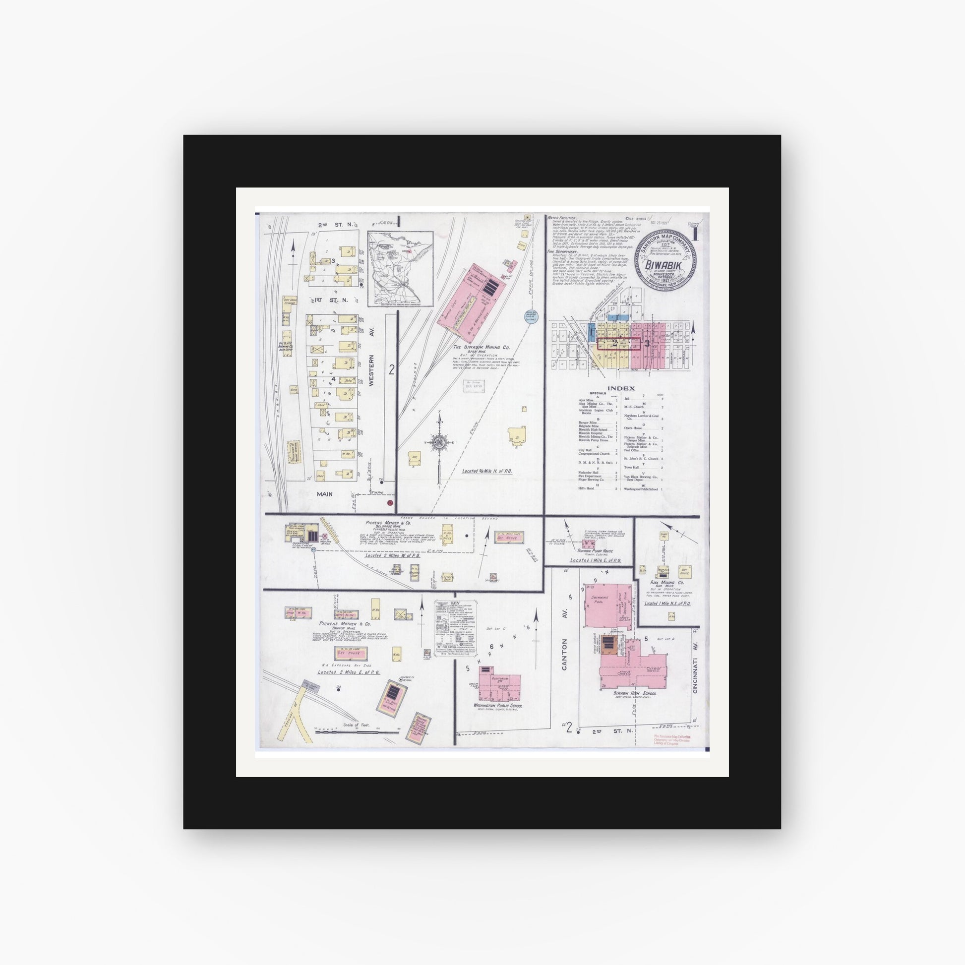 Old map wall art mockup — black gallery frame with white mat — Sanborn Fire Insurance Map from Biwabik, Saint Louis County, Minnesota (1921) - Complete Map Set