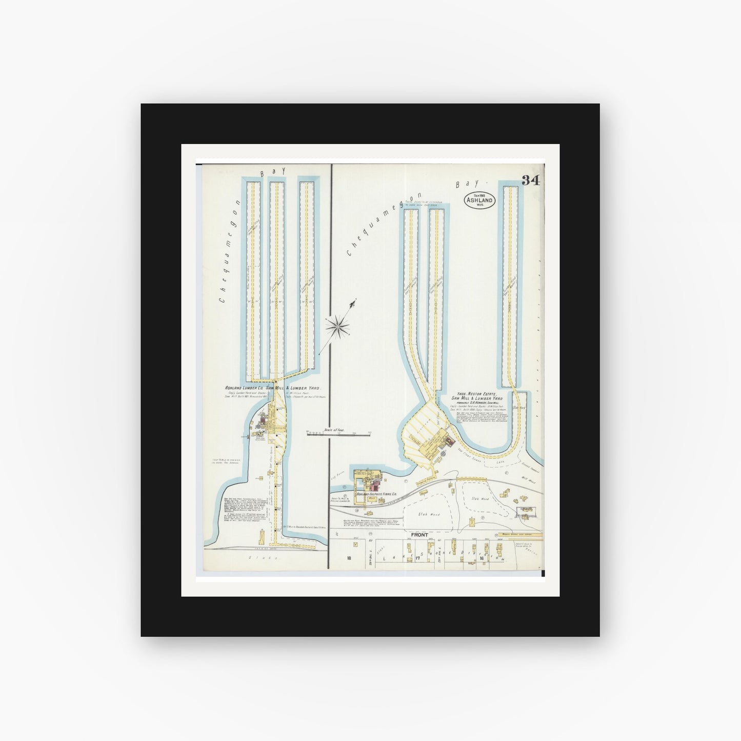 Old map wall art mockup — black gallery frame with white mat — Sanborn Fire Insurance Map from Ashland, Ashland County, Wisconsin (1901), Sheet #0034