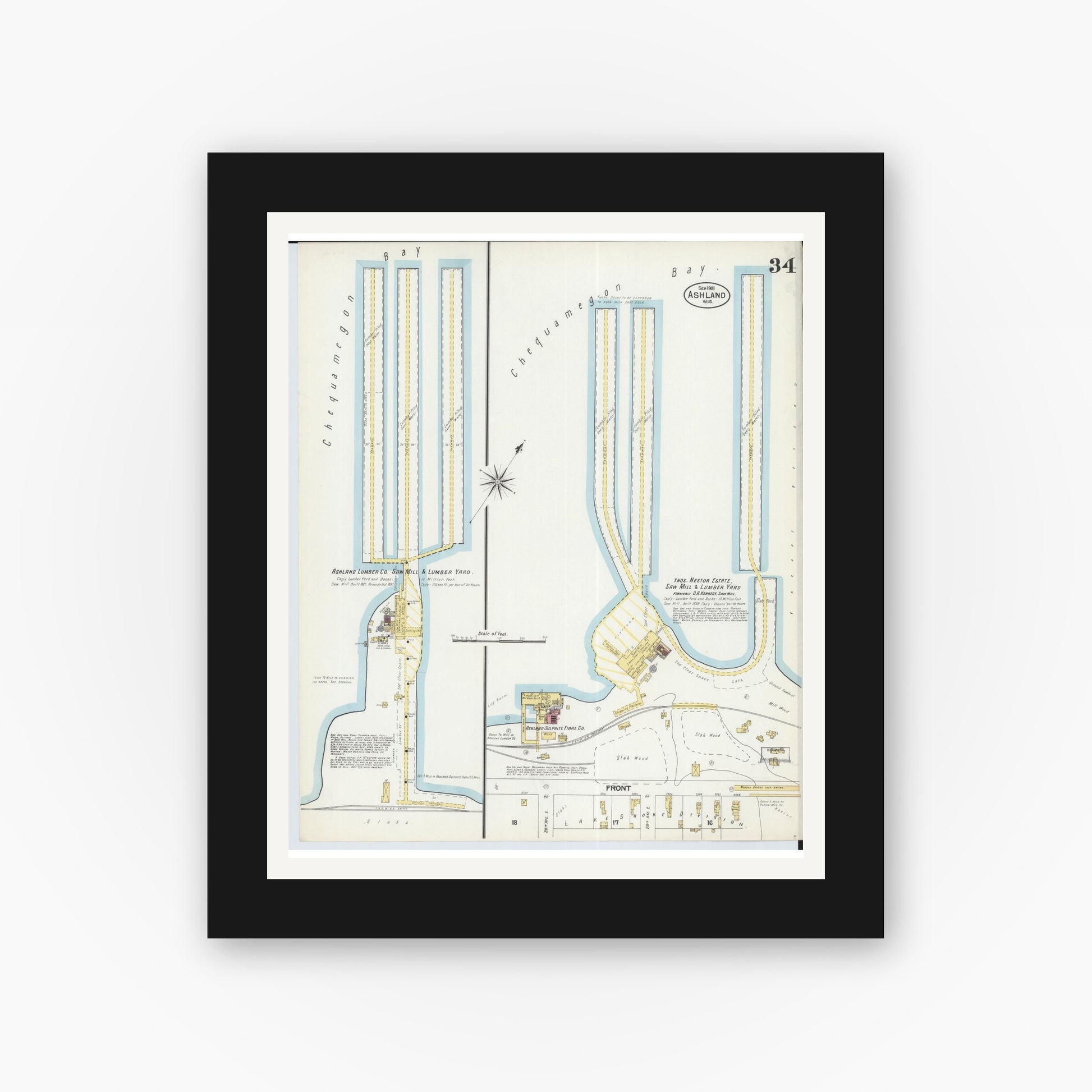 Old map wall art mockup — black gallery frame with white mat — Sanborn Fire Insurance Map from Ashland, Ashland County, Wisconsin (1901), Sheet #0034