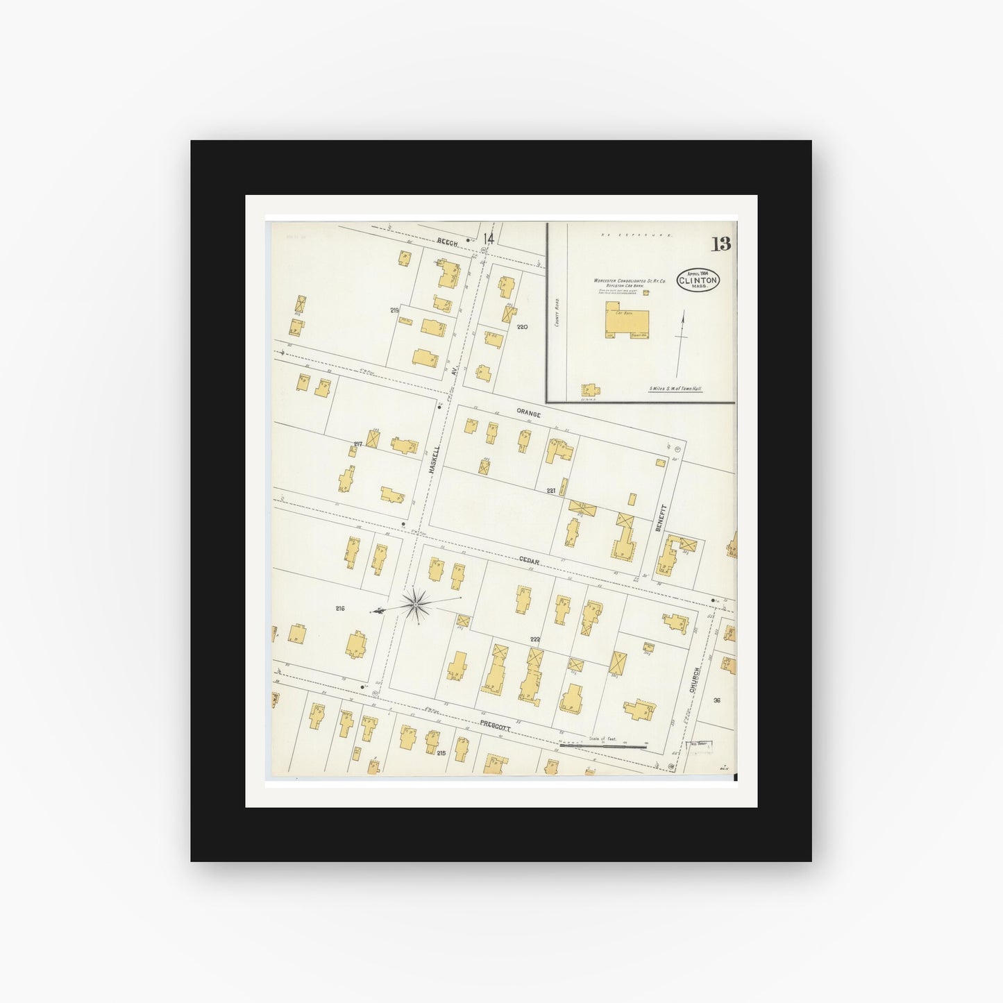 Old map wall art mockup — black gallery frame with white mat — Sanborn Fire Insurance Map from Clinton, Worcester County, Massachusetts (1904), Sheet #0013