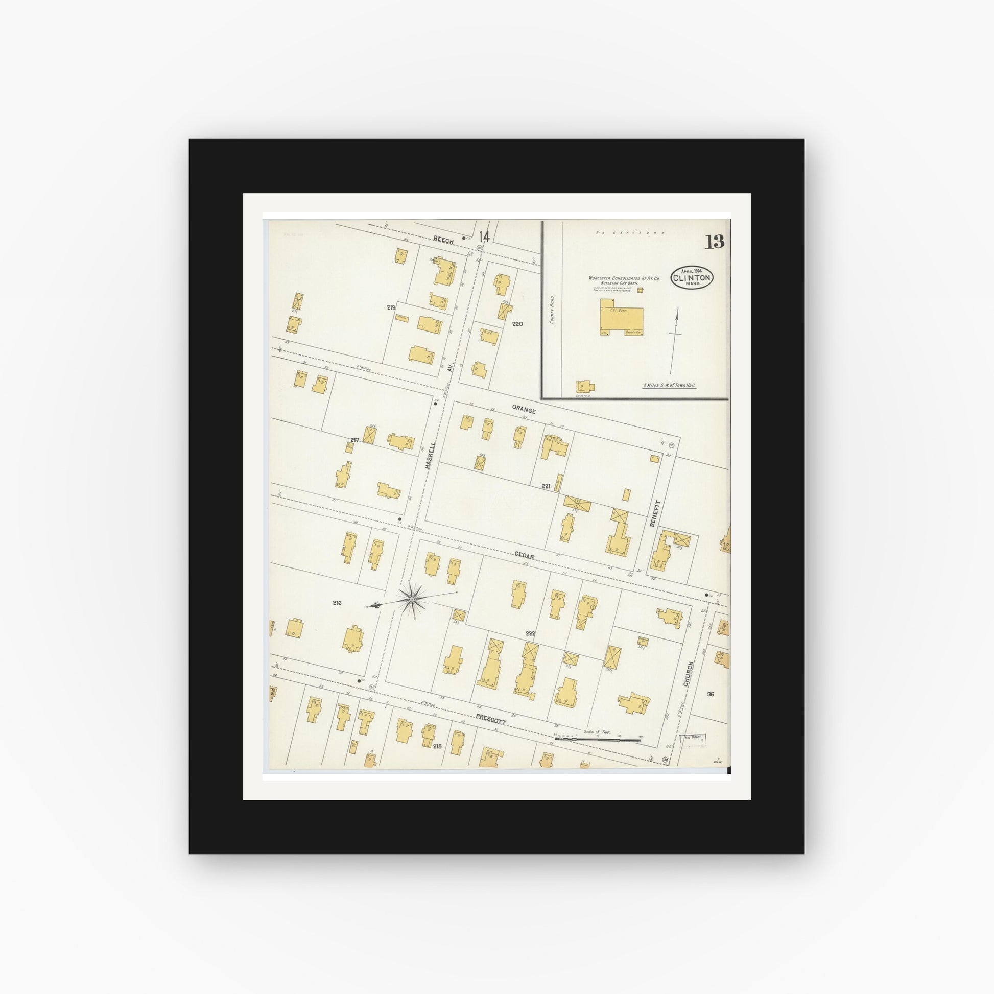 Old map wall art mockup — black gallery frame with white mat — Sanborn Fire Insurance Map from Clinton, Worcester County, Massachusetts (1904), Sheet #0013