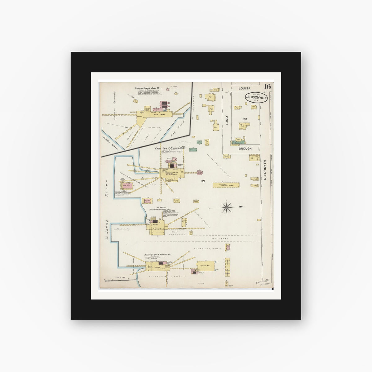 Old map wall art mockup — black gallery frame with white mat — Sanborn Fire Insurance Map from Jacksonville, Duval County, Florida (1887), Sheet #0016