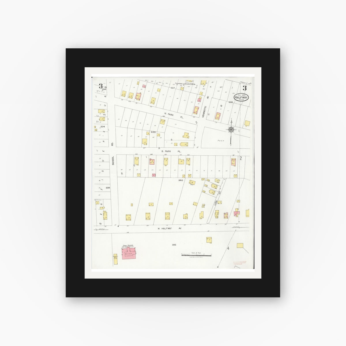 Old map wall art mockup — black gallery frame with white mat — Sanborn Fire Insurance Map from Halfway, Macomb County, Michigan (1925), Sheet #0003
