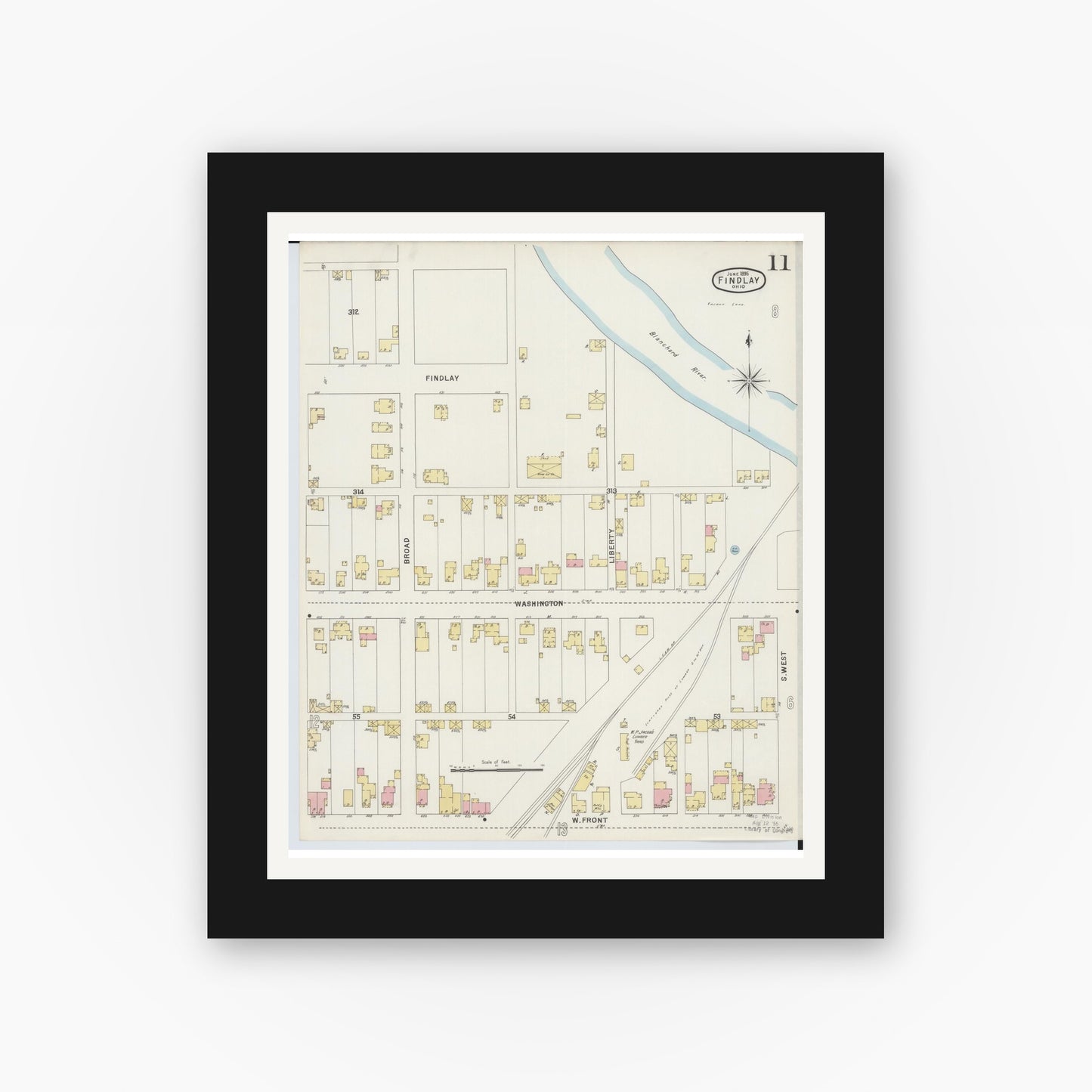 Old map wall art mockup — black gallery frame with white mat — Sanborn Fire Insurance Map from Findlay, Hancock County, Ohio (1895), Sheet #0011