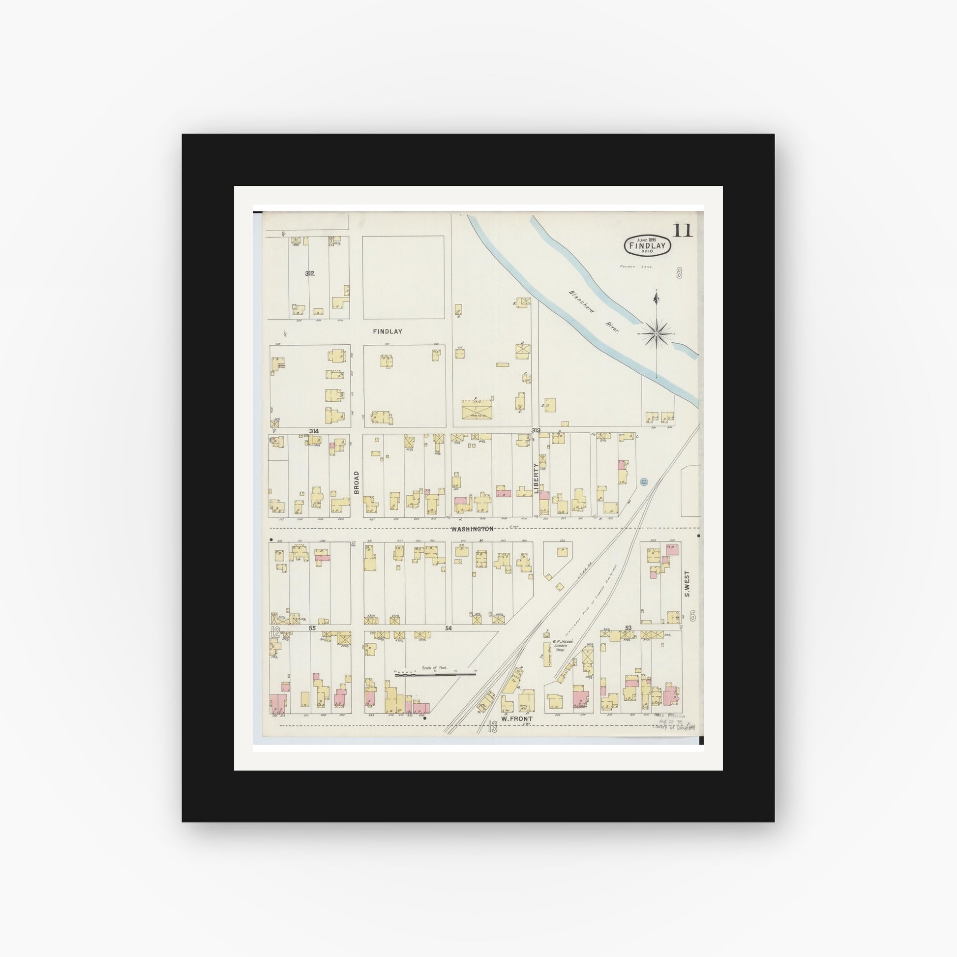 Old map wall art mockup — black gallery frame with white mat — Sanborn Fire Insurance Map from Findlay, Hancock County, Ohio (1895), Sheet #0011