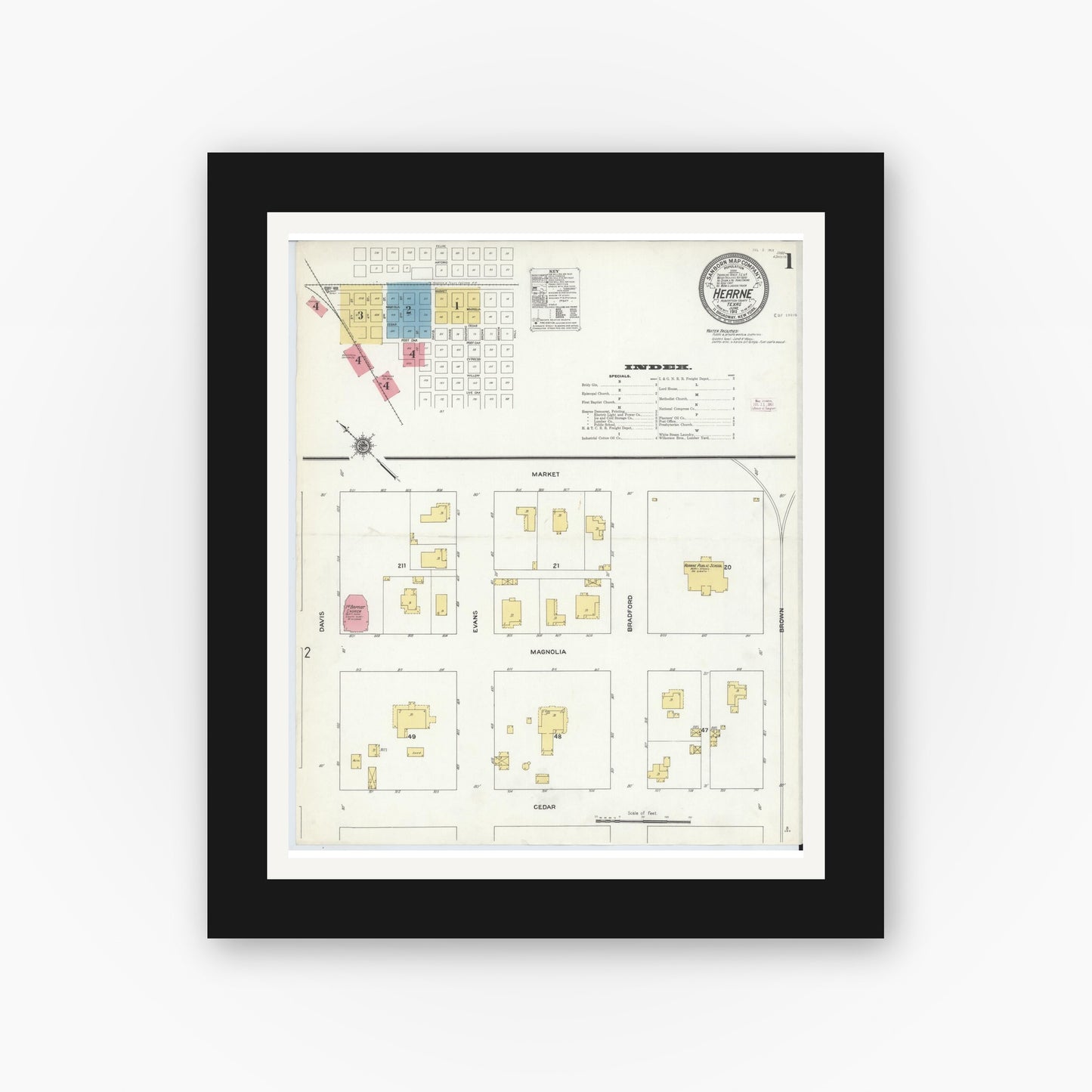 Old map wall art mockup — black gallery frame with white mat — Sanborn Fire Insurance Map from Hearne, Robertson County, Texas (1911) - Complete Map Set