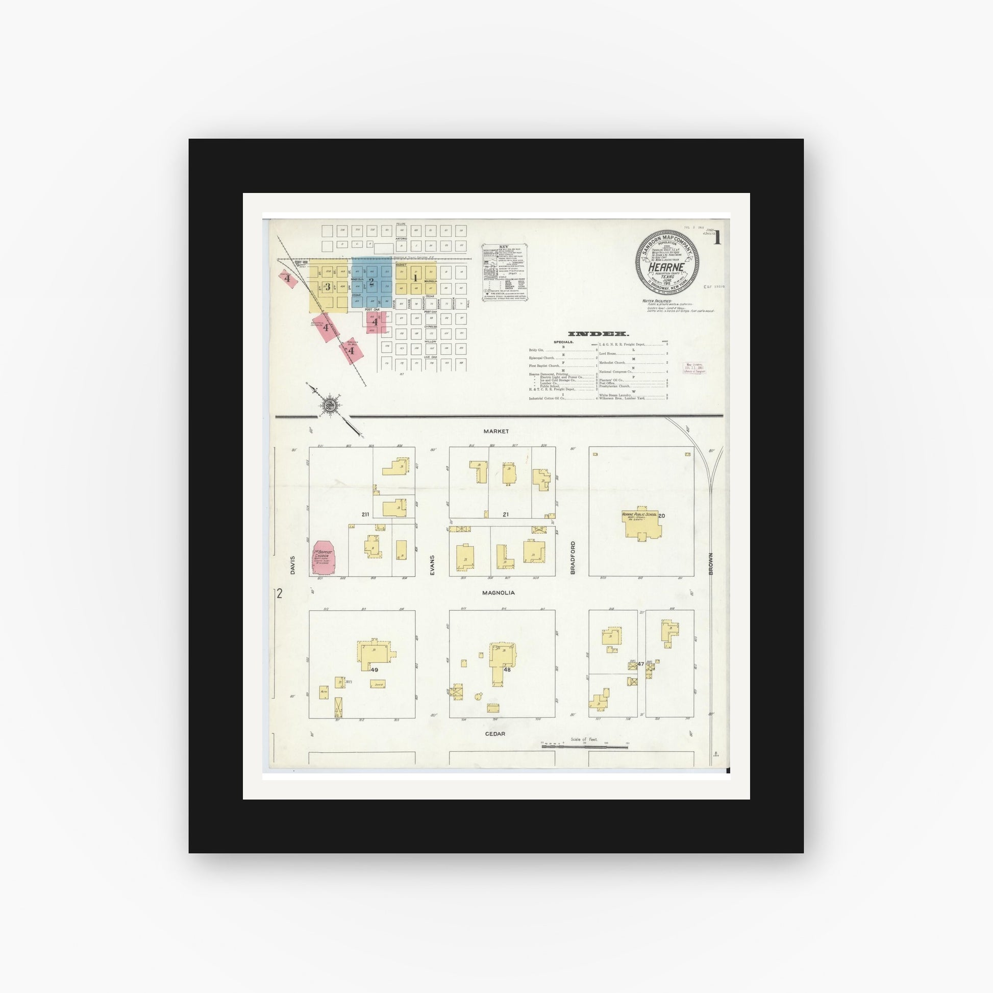 Old map wall art mockup — black gallery frame with white mat — Sanborn Fire Insurance Map from Hearne, Robertson County, Texas (1911) - Complete Map Set