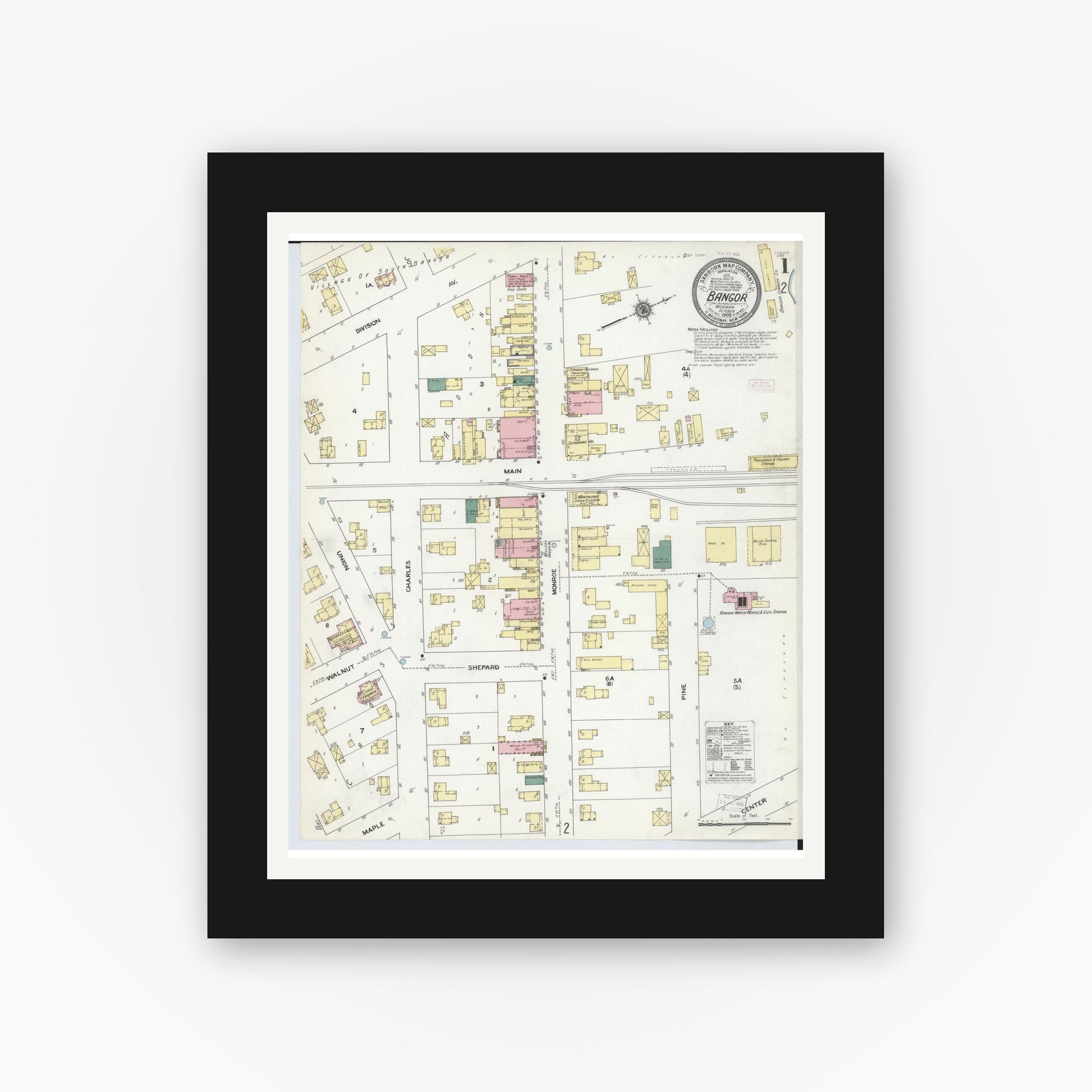 Old map wall art mockup — black gallery frame with white mat — Sanborn Fire Insurance Map from Bangor, Van Buren County, Michigan (1909), Sheet #0001