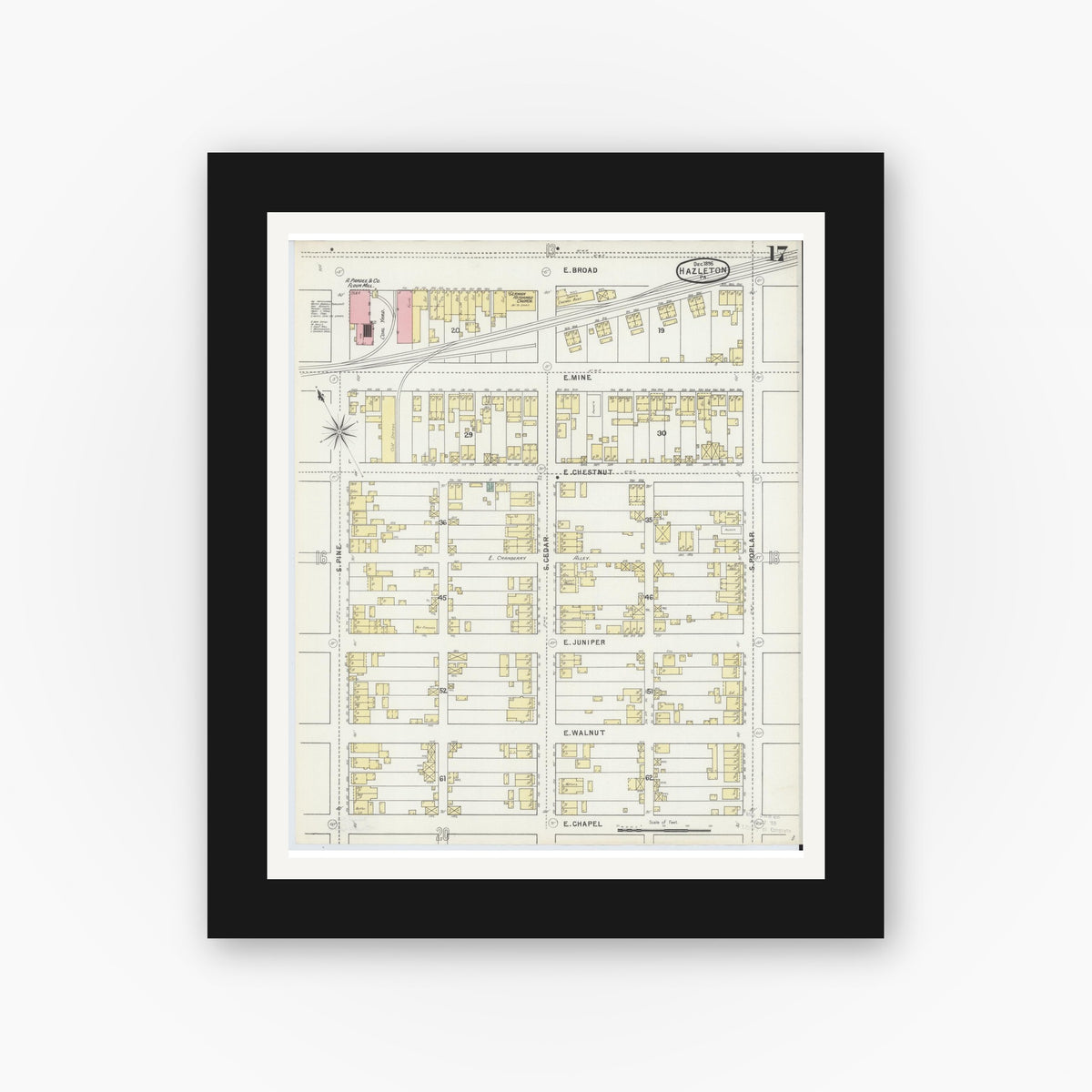 Old map wall art mockup — black gallery frame with white mat — Sanborn Fire Insurance Map from Hazleton, Luzerne County, Pennsylvania (1895), Sheet #0017