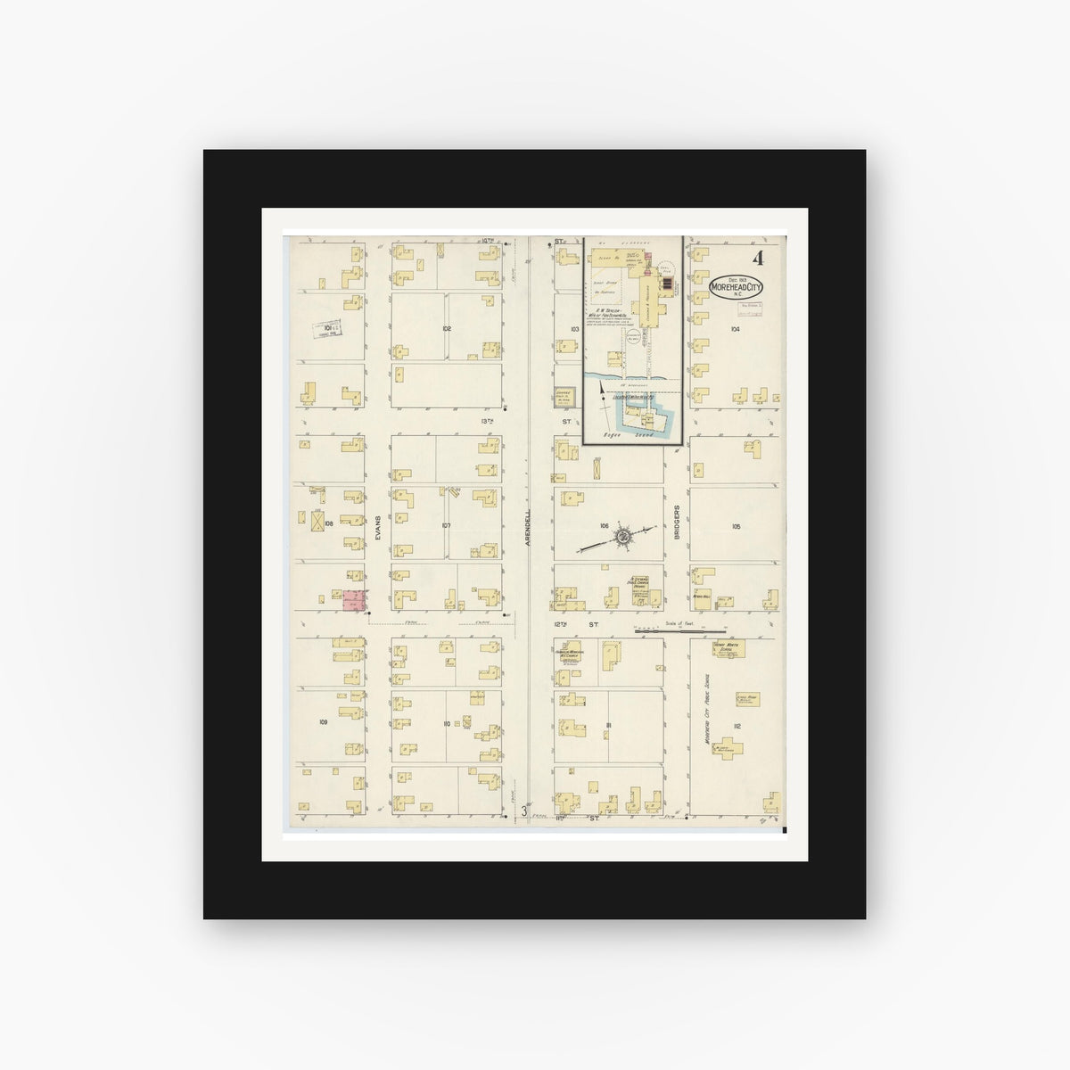 Old map wall art mockup — black gallery frame with white mat — Sanborn Fire Insurance Map from Morehead City, Carteret County, North Carolina (1913), Sheet #0004