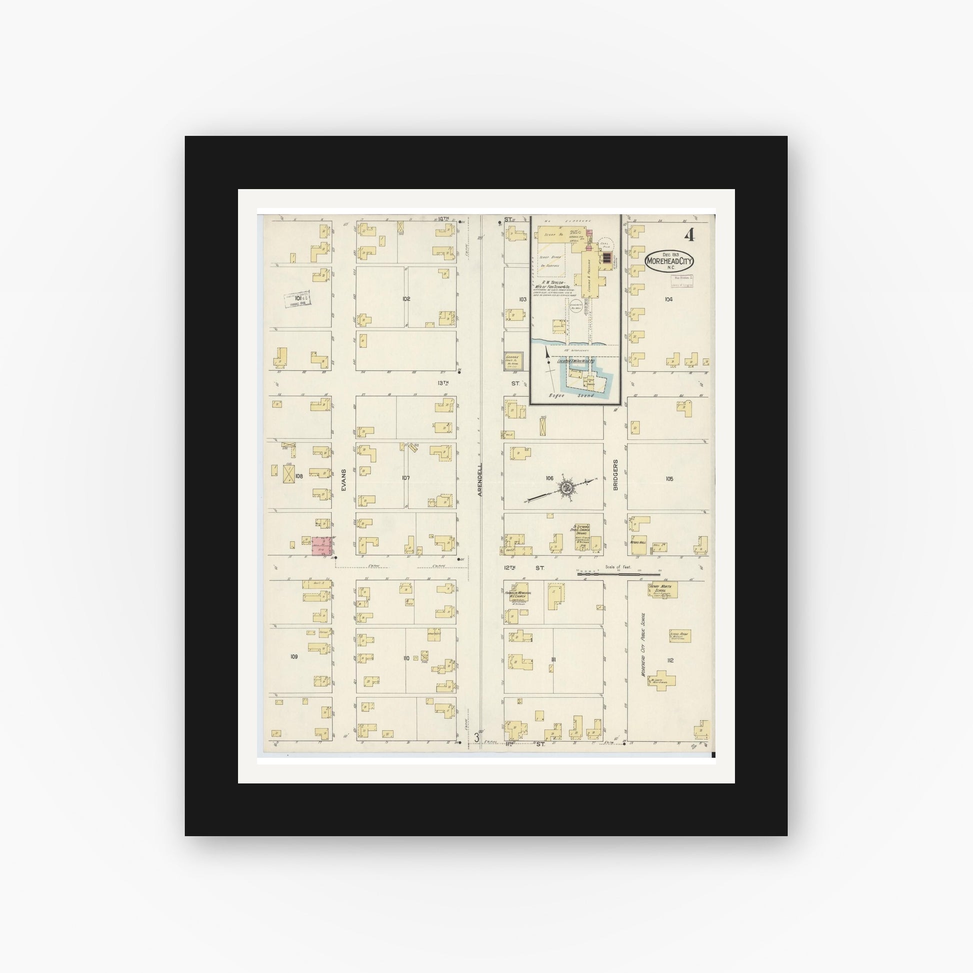 Old map wall art mockup — black gallery frame with white mat — Sanborn Fire Insurance Map from Morehead City, Carteret County, North Carolina (1913), Sheet #0004