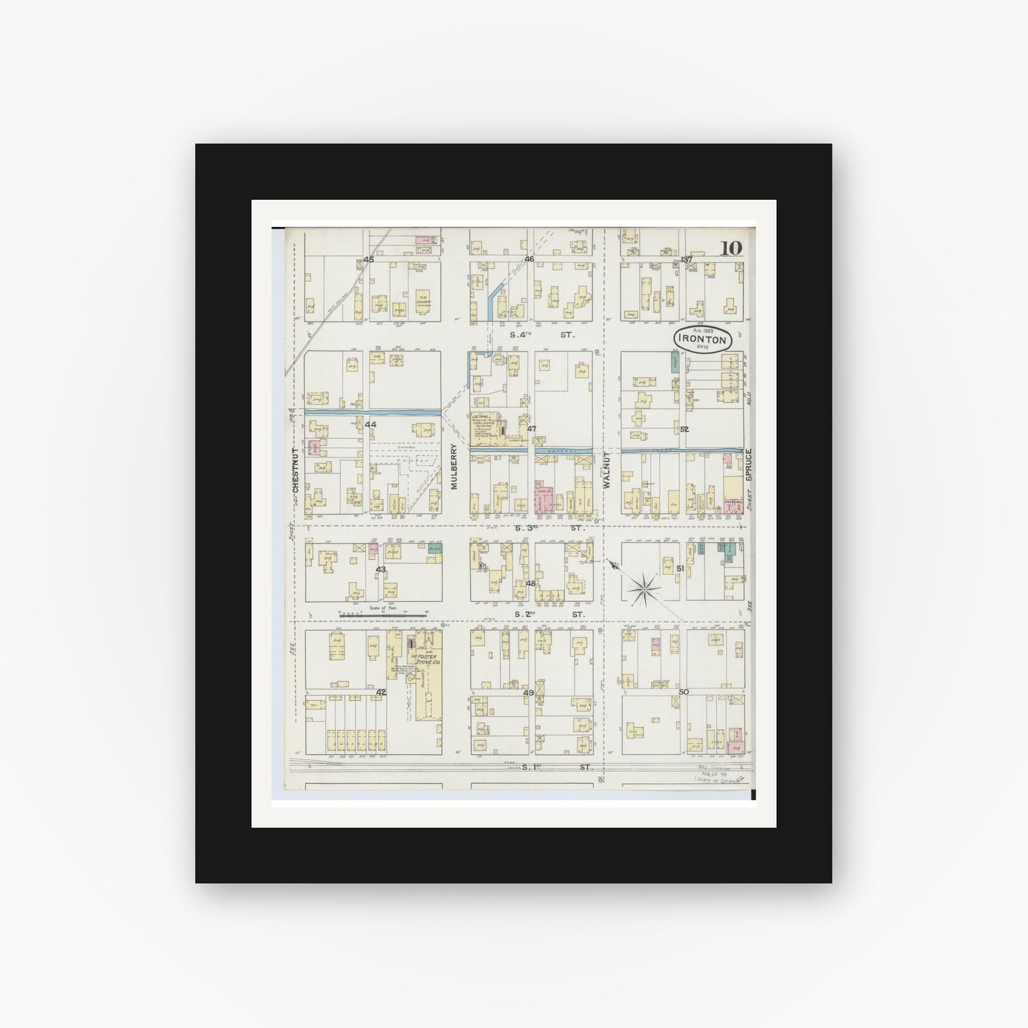Old map wall art mockup — black gallery frame with white mat — Sanborn Fire Insurance Map from Ironton, Lawrence County, Ohio (1889), Sheet #0010