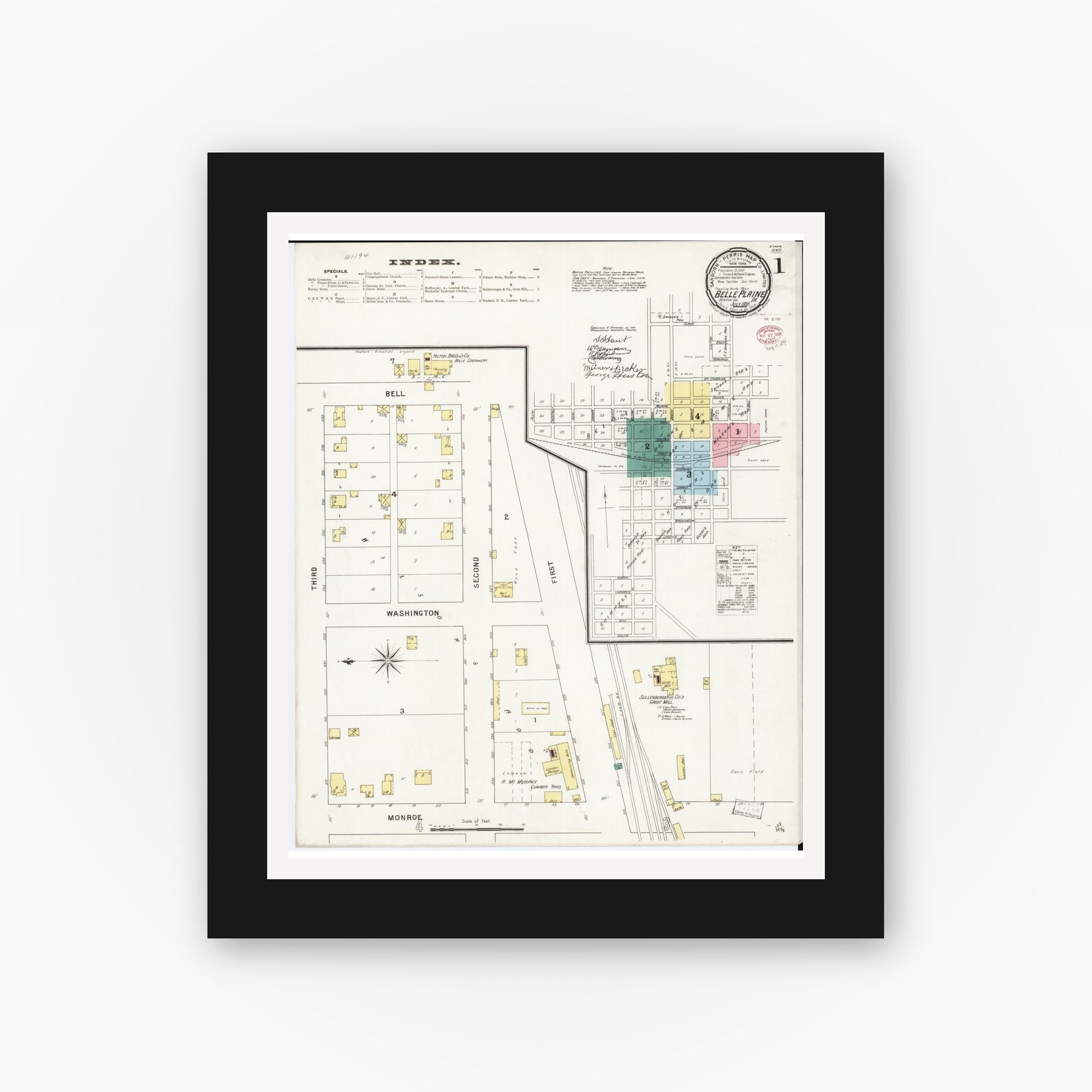 Old map wall art mockup — black gallery frame with white mat — Sanborn Fire Insurance Map from Belle Plaine, Benton County, Iowa (1895), Sheet #0001