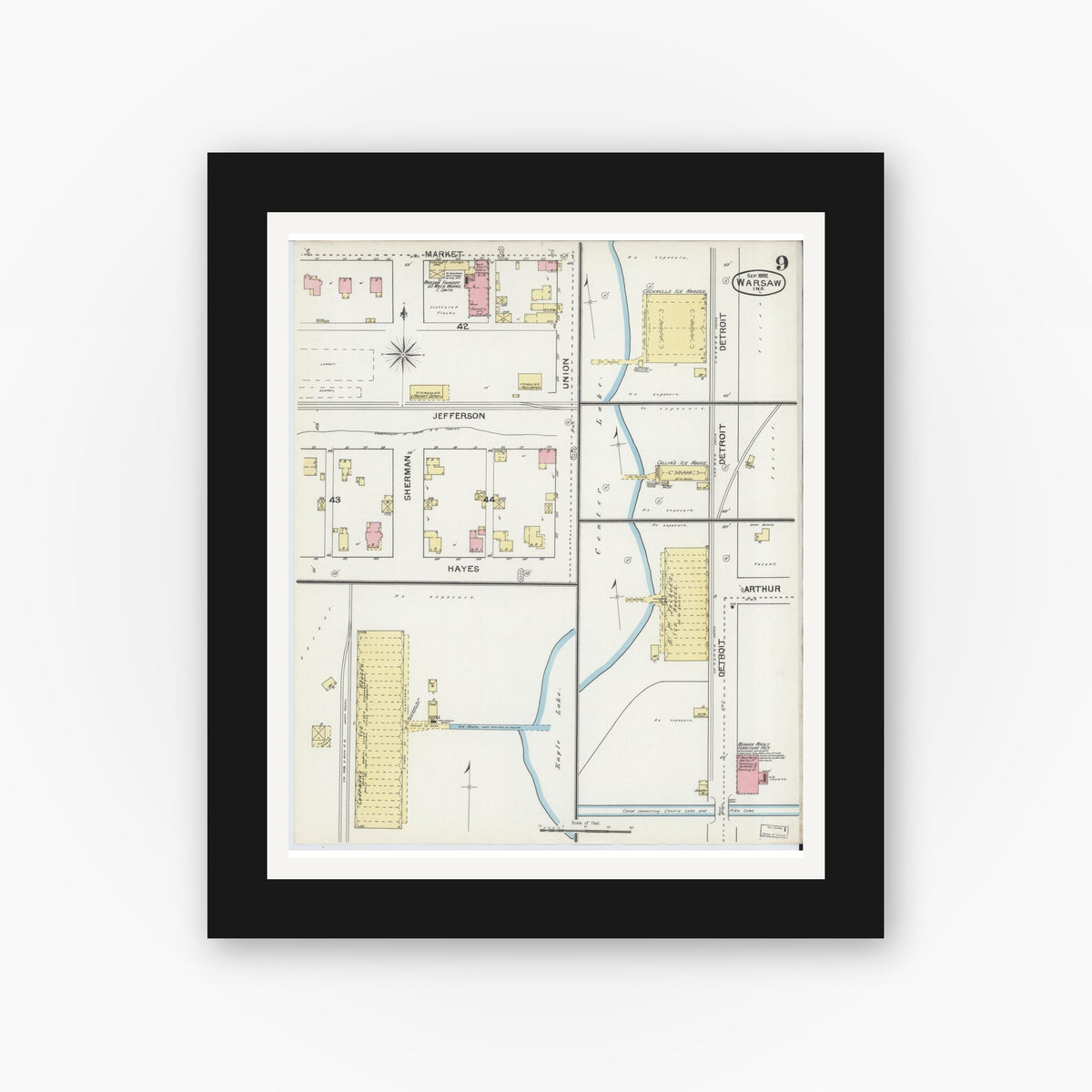 Old map wall art mockup — black gallery frame with white mat — Sanborn Fire Insurance Map from Warsaw, Kosciusko County, Indiana (1892), Sheet #0009