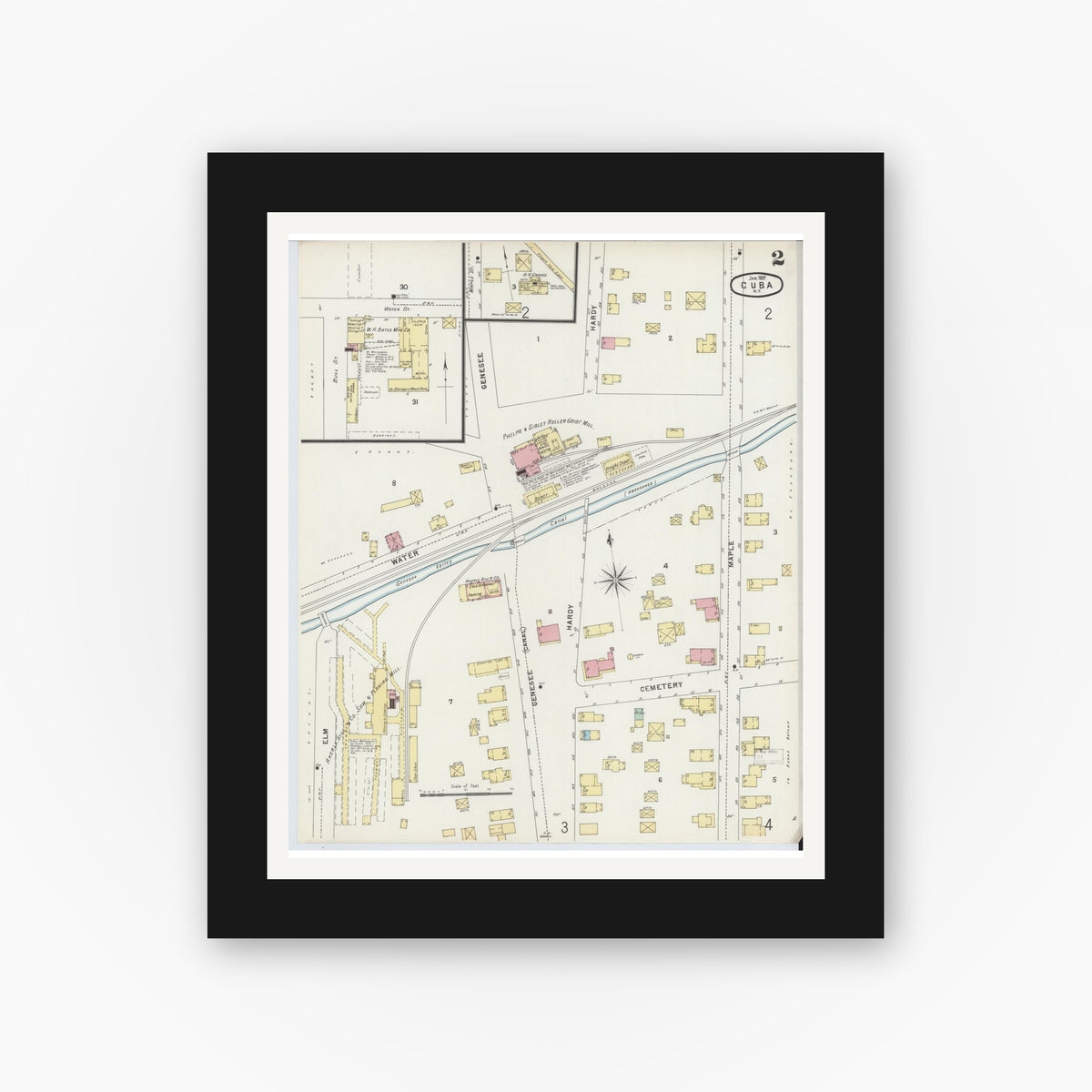 Old map wall art mockup — black gallery frame with white mat — Sanborn Fire Insurance Map from Cuba, Allegany County, New York (1897), Sheet #0002