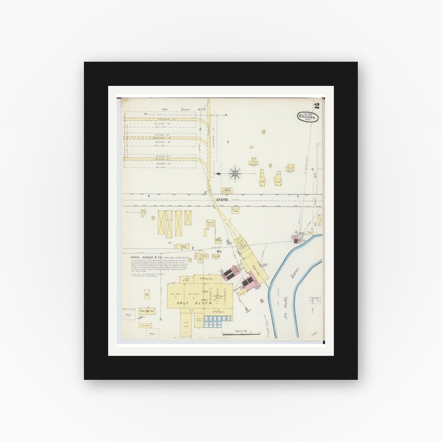 Old map wall art mockup — black gallery frame with white mat — Sanborn Fire Insurance Map from Oscoda, Iosco County, Michigan (1890), Sheet #0002