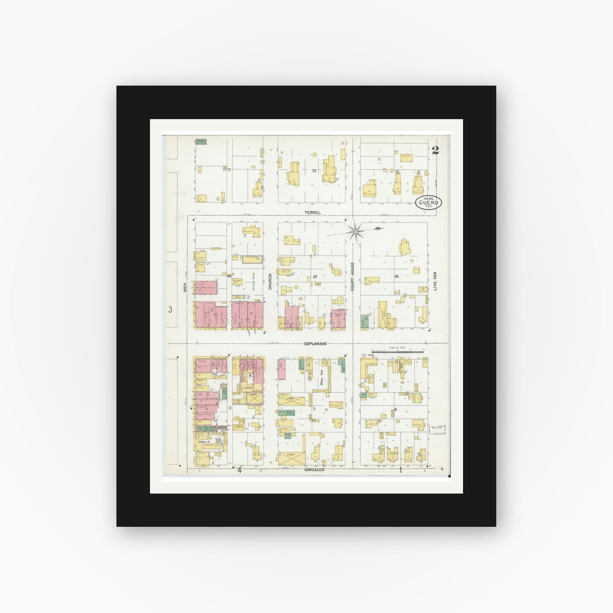 Old map wall art mockup — black gallery frame with white mat — Sanborn Fire Insurance Map from Cuero, De Witt County, Texas (1902), Sheet #0002