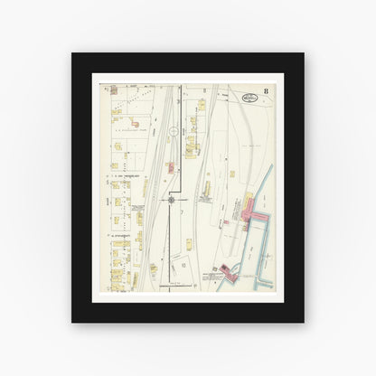 Old map wall art mockup — black gallery frame with white mat — Sanborn Fire Insurance Map from Merrill, Lincoln County, Wisconsin (1913), Sheet #0008