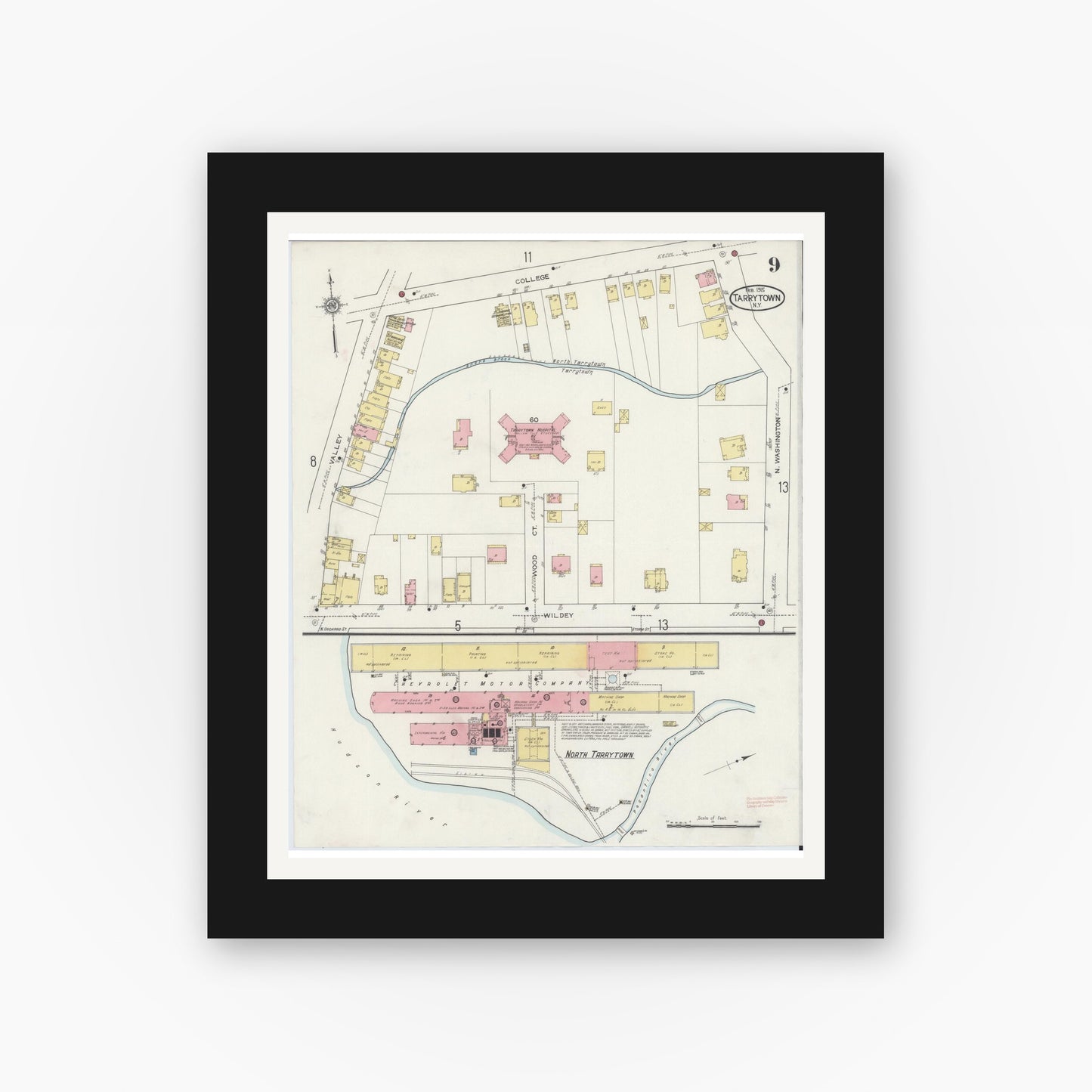 Old map wall art mockup — black gallery frame with white mat — Sanborn Fire Insurance Map from Tarrytown, Westchester County, New York (1915), Sheet #0009