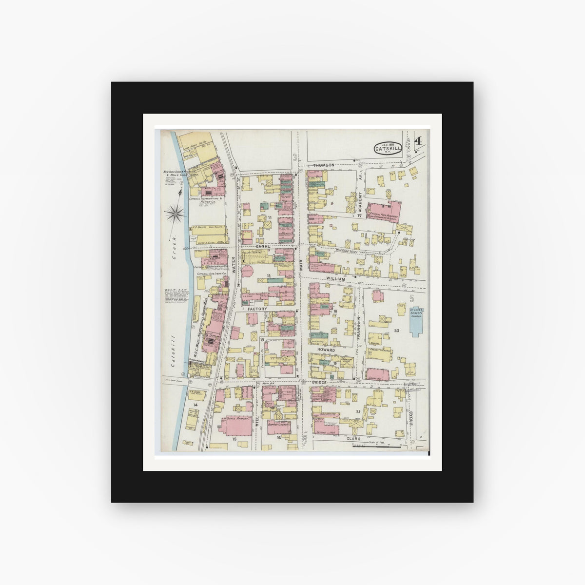 Old map wall art mockup — black gallery frame with white mat — Sanborn Fire Insurance Map from Catskill, Greene County, New York (1895), Sheet #0004