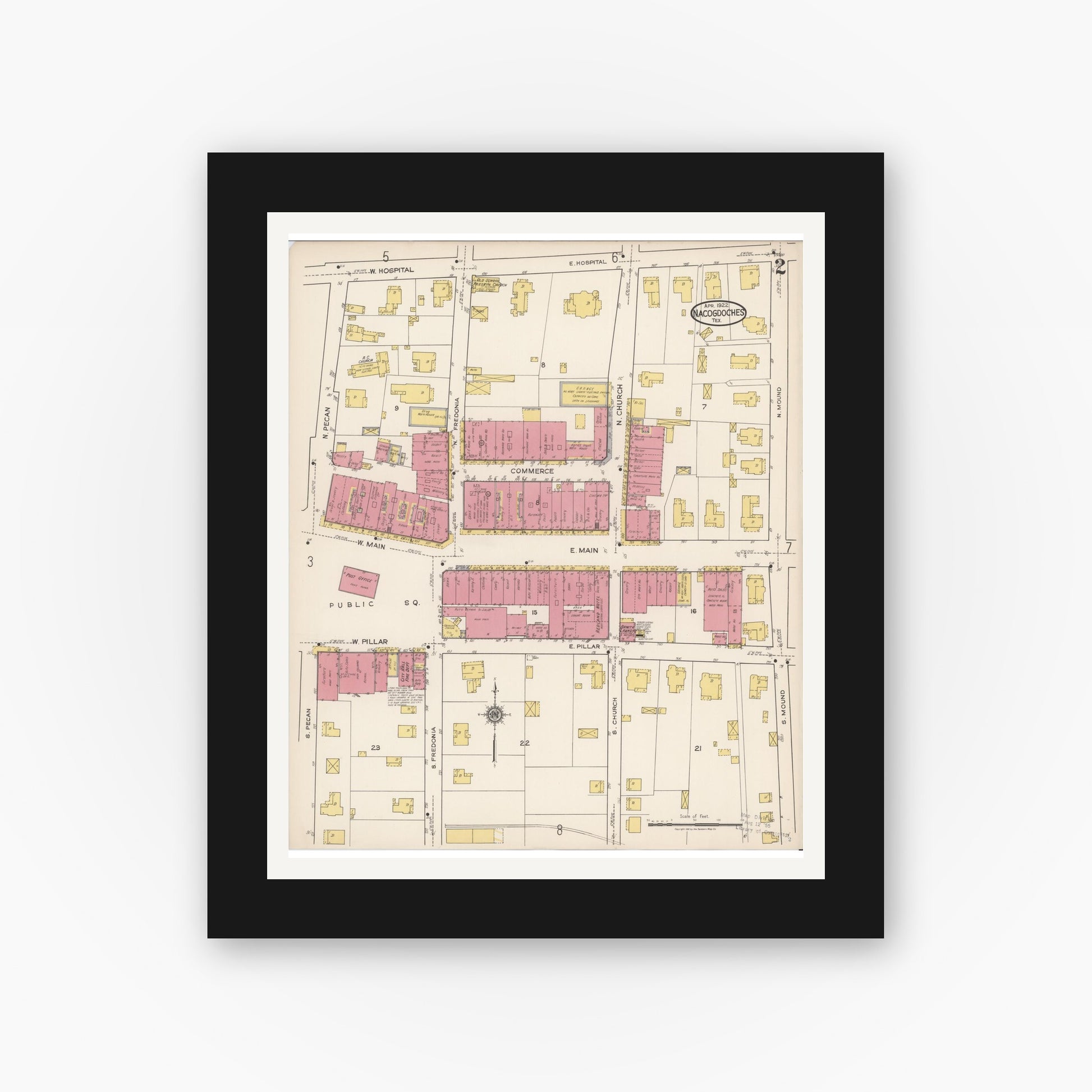 Old map wall art mockup — black gallery frame with white mat — Sanborn Fire Insurance Map from Nacogdoches, Nacogdoches County, Texas (1922), Sheet #0002